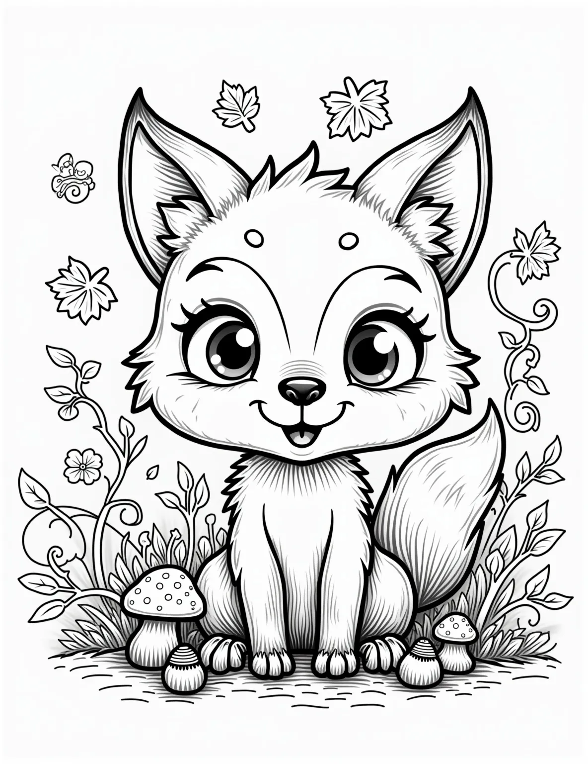 Curious Fox's Autumn Adventure -- prompt: "black lines only Enchanting coloring page featuring a playful cartoon fox nestled in swirling autumn leaves. Bold outlines frame acorns, toadstools, and whimsical forest elements. Intricate patterns adorn the fox's fur and surrounding foliage, inviting creativity. A charming scene ready for vibrant coloring flat black lines, premium coloring page, coloring sheet, line drawing, Coloring Book, NO COLOR, NO SHADING, WHITE BACKGROUND. NO GRAY, BLACK AND WHITE, NO COLOR" -- Celebrate the beauty of fall with this charming fox coloring page. A playful fox is surrounded by autumn leaves, acorns, and mushrooms. This page offers a great opportunity to use warm autumn colors and practice various textures.