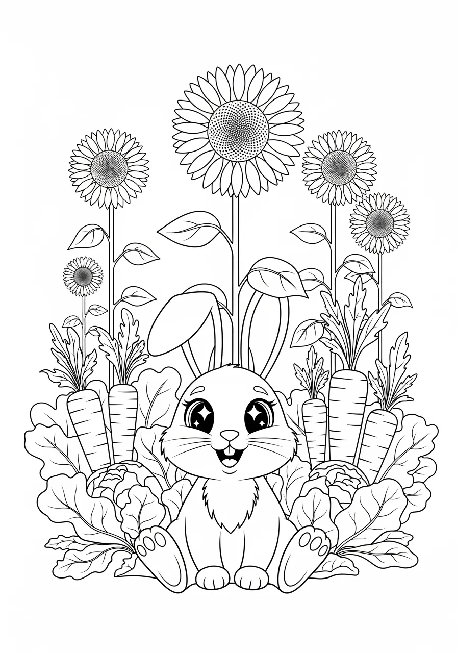 Playful Bunny Rabbit Garden Party Coloring Page -- prompt: "black lines only A cheerful bunny rabbit with large expressive eyes sits contentedly in a vegetable garden, surrounded by oversized carrots, blooming sunflowers, and leafy vegetables, designed as a fun coloring book page with bold outlines and simple shapes. flat black lines, premium coloring page, coloring sheet, line drawing, Coloring Book, NO COLOR, NO SHADING, WHITE BACKGROUND. NO GRAY, BLACK AND WHITE, NO COLOR" -- This adorable bunny is surrounded by carrots and flowers in a vegetable garden setting. The rabbit's fluffy tail and alert ears make it irresistibly cute for young colorists. This page is perfect for springtime coloring and discussing garden vegetables and small mammals.