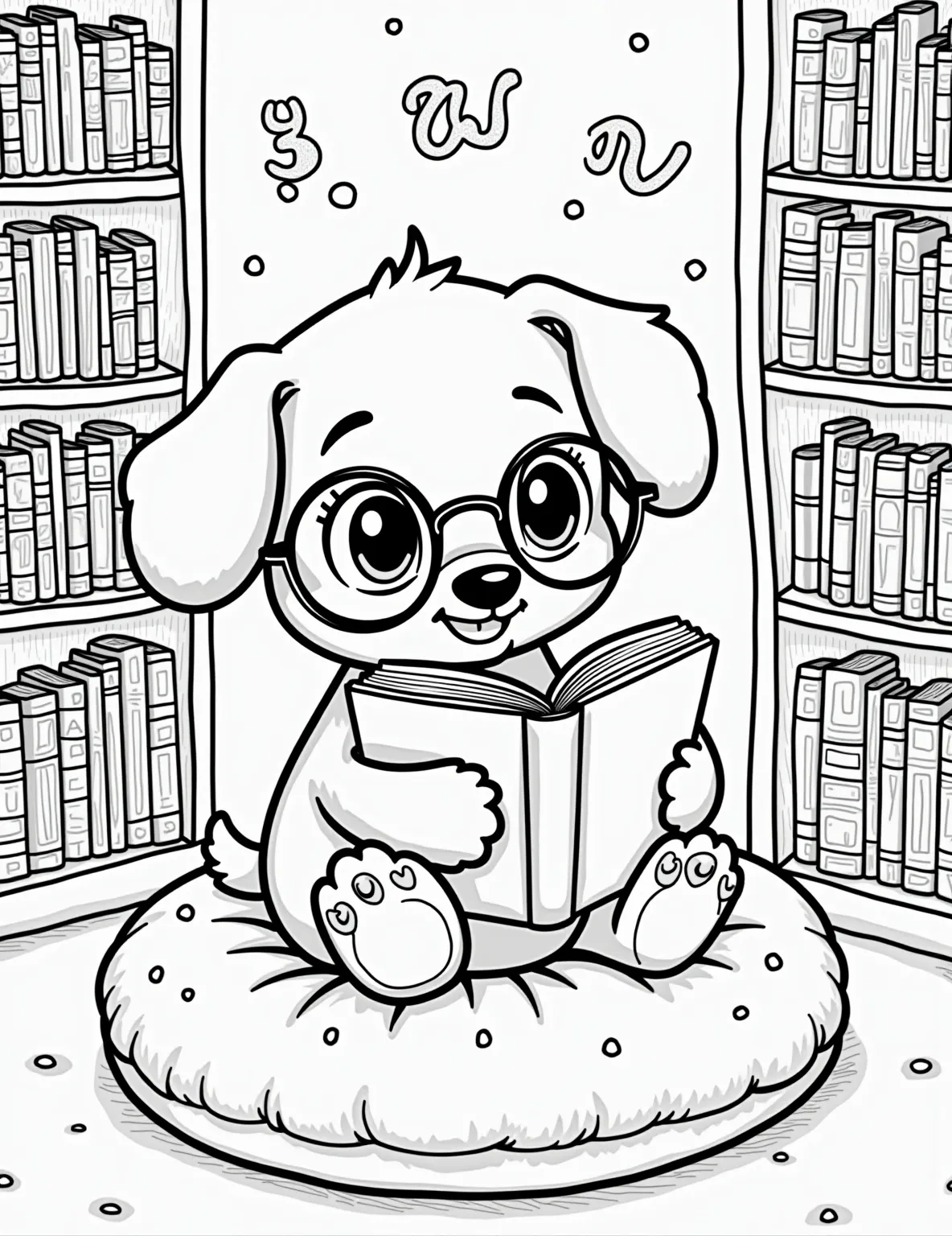 Cozy Puppy Reading Nook Coloring Page -- prompt: "black lines only Adorable puppy with oversized glasses, perched on plump cushion in cozy nook. Surrounded by towering bookshelves, pup reads thick book. Simple, bold outlines perfect for coloring. Cheerful scene with whimsical details like bookworm, floating letters, and magical swirls. flat black lines, premium coloring page, coloring sheet, line drawing, Coloring Book, NO COLOR, NO SHADING, WHITE BACKGROUND. NO GRAY, BLACK AND WHITE, NO COLOR" -- This heartwarming coloring page features a studious puppy nestled in a cozy reading nook. Surrounded by stacks of books and a soft cushion, the pup wears adorable reading glasses as it pores over an open book. The scene captures the joy of reading and learning, perfect for book-loving kids and adults alike.