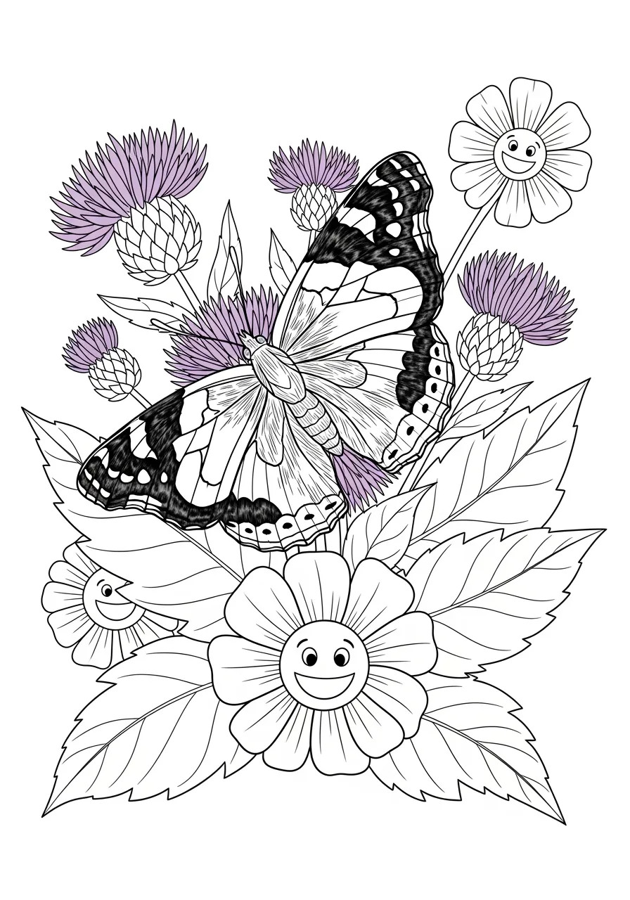 17. Red Admiral Butterfly Thistle Field Coloring Page -- prompt: "black lines only Fun coloring book page featuring a cheerful red admiral butterfly with bold red bands perched on clustered purple thistle flowers, thick black outlines, simple shapes, large petals and leaves, garden setting, child-friendly design flat black lines, premium coloring page, coloring sheet, line drawing, Coloring Book, NO COLOR, NO SHADING, WHITE BACKGROUND. NO GRAY, BLACK AND WHITE, NO COLOR" -- A vibrant red admiral butterfly feeds on purple thistle flowers in a wild meadow setting. The butterfly's distinctive red bands and white spots create striking wing patterns to color. The spiky thistle plants add interesting texture and detail to the natural scene.