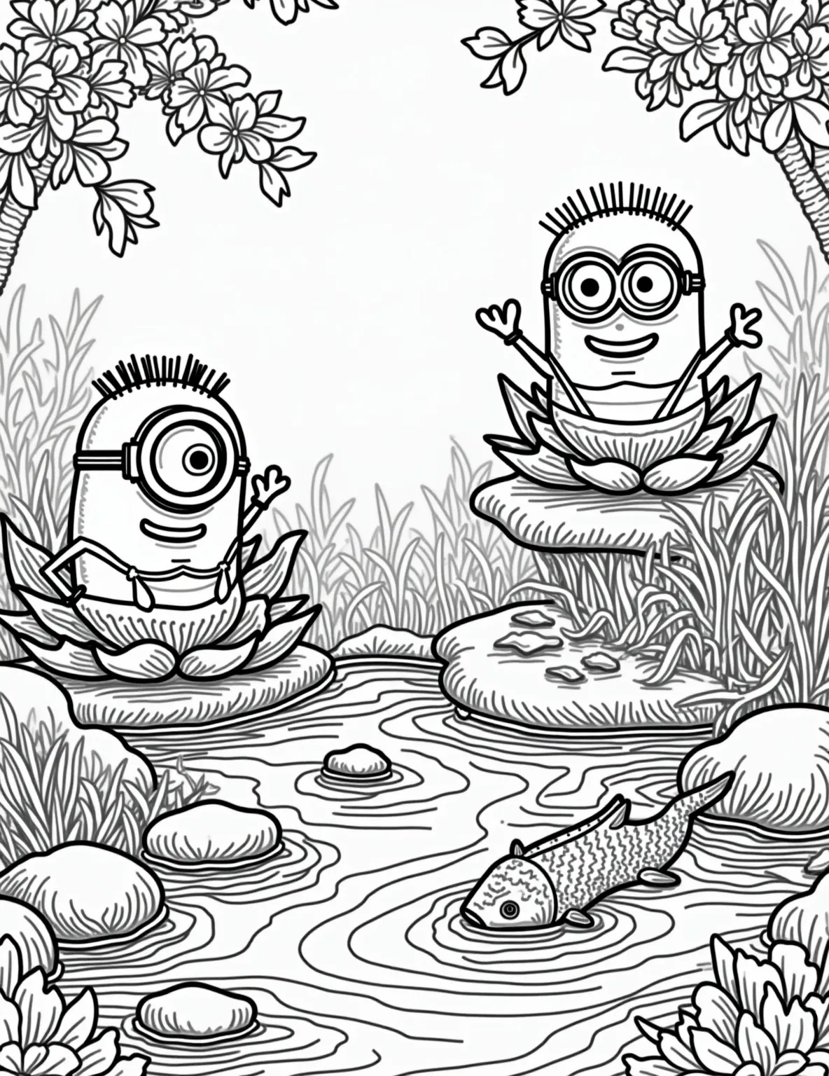 Minions' Zen Garden Meditation -- prompt: "black lines only Playful Minions cross-legged in zen poses, cherry blossoms swirling. Simplified koi fish swim through curvy streams. Stylized rocks and raked sand patterns create a serene Japanese garden. Bold outlines perfect for coloring, evoking childlike joy and tranquility. flat black lines, premium coloring page, coloring sheet, line drawing, Coloring Book, NO COLOR, NO SHADING, WHITE BACKGROUND. NO GRAY, BLACK AND WHITE, NO COLOR" -- Find your inner peace with this surprisingly serene Minion coloring page. Our usually chaotic friends are attempting to meditate in a beautiful Japanese zen garden, surrounded by cherry blossoms and koi ponds. This intricate scene is perfect for adults looking for a calming coloring experience with a touch of humor.