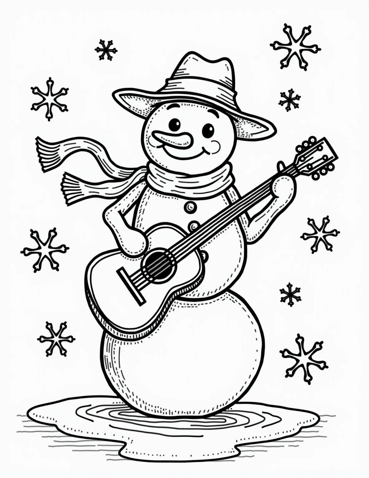 Snowman Musician Coloring Page -- prompt: "black lines only Jolly snowman strumming guitar, donning red scarf and brown cowboy hat. Musical notes dance around in swirling patterns. Bold outlines define each element. Simplified shapes and clean lines create a playful, easy-to-color design. Background features large snowflakes and music staff. flat black lines, premium coloring page, coloring sheet, line drawing, Coloring Book, NO COLOR, NO SHADING, WHITE BACKGROUND. NO GRAY, BLACK AND WHITE, NO COLOR" -- Get ready to make some noise with this musical snowman! This coloring page features a jolly snowman playing a guitar, ready to serenade the winter landscape. It's a fantastic way to combine the love of music with winter fun.