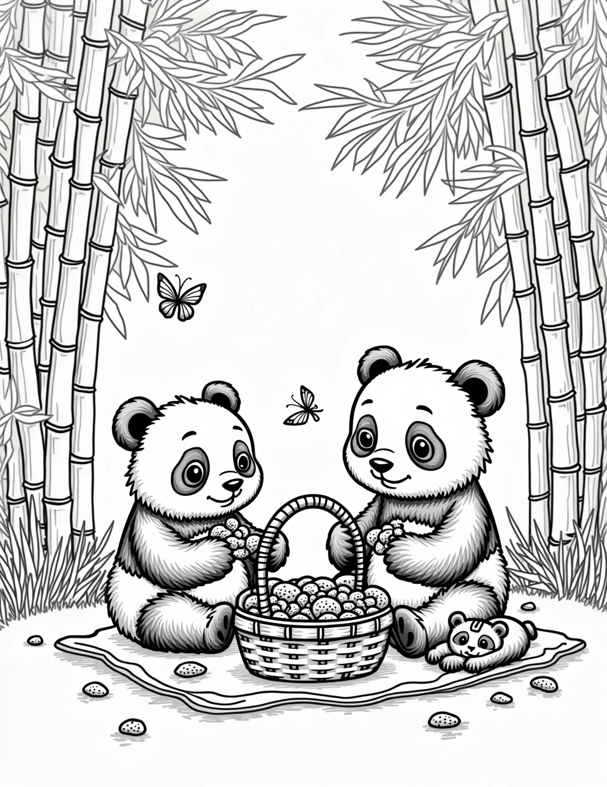 Panda Family Picnic Coloring Page -- prompt: "black lines only Playful panda family picnic in bamboo forest. Mama, papa, and cubs munch on shoots. Simple black outlines define cuddly bears, swaying bamboo stalks. Thick lines perfect for coloring. Leaves, picnic basket, and bamboo details await vibrant hues. Fun, easy-to-color scene for all ages. flat black lines, premium coloring page, coloring sheet, line drawing, Coloring Book, NO COLOR, NO SHADING, WHITE BACKGROUND. NO GRAY, BLACK AND WHITE, NO COLOR" -- Gather 'round for a heartwarming scene of a panda family enjoying a picnic in their bamboo forest home. This coloring page showcases a mother and father panda with their cubs, sharing bamboo shoots and spending quality time together. It's a great opportunity to add vibrant greens to the bamboo and emphasize the pandas' distinctive black and white fur.