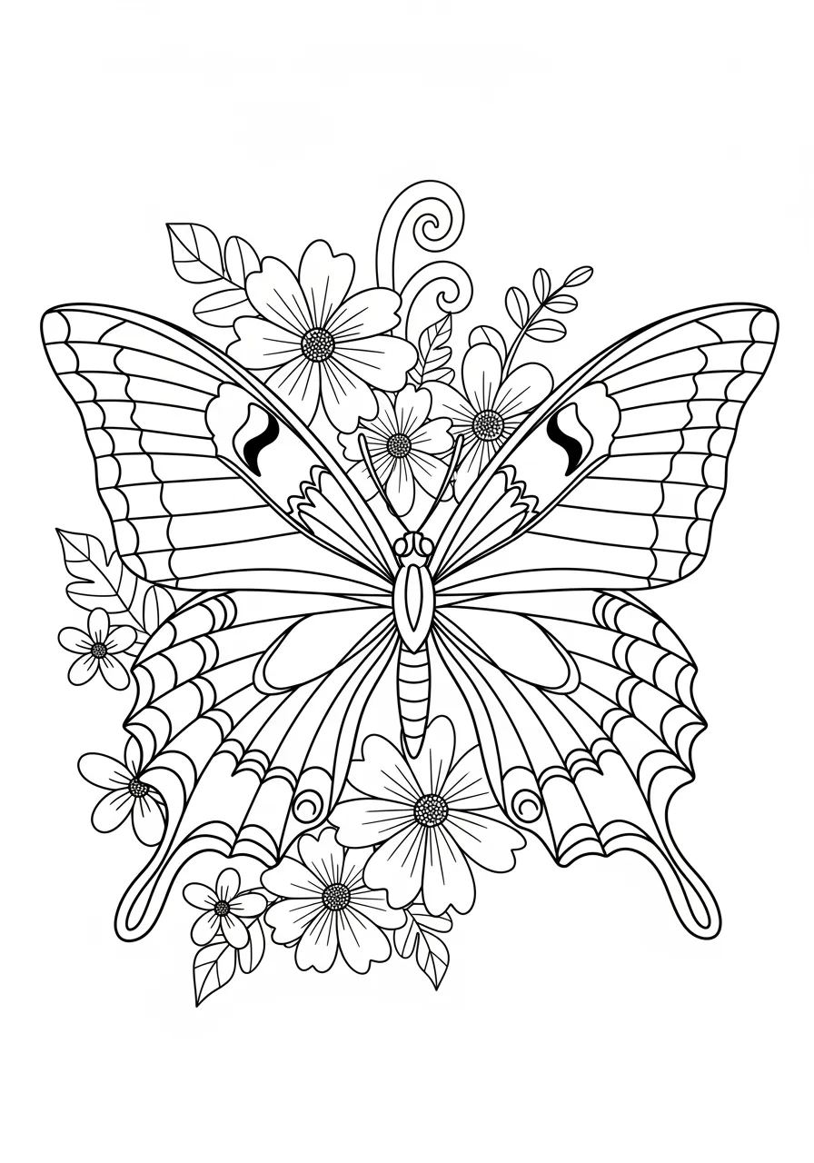 Detailed Swallowtail Butterfly Wing Study Coloring Page -- prompt: "black lines only Bold black outlines define a magnificent Swallowtail butterfly's ornate wing patterns featuring symmetrical circles, stripes, and decorative swirls perfect for creative coloring, surrounded by simple flower blooms in cheerful coloring book illustration style flat black lines, premium coloring page, coloring sheet, line drawing, Coloring Book, NO COLOR, NO SHADING, WHITE BACKGROUND. NO GRAY, BLACK AND WHITE, NO COLOR" -- This scientifically-inspired coloring page focuses on the intricate beauty of a Swallowtail butterfly's wing structure with incredible detail and precision. Adult colorists will appreciate the realistic anatomical accuracy combined with artistic flair, making it both educational and therapeutic. The complex patterns within the wings offer opportunities for advanced coloring techniques and provide hours of mindful, meditative coloring.