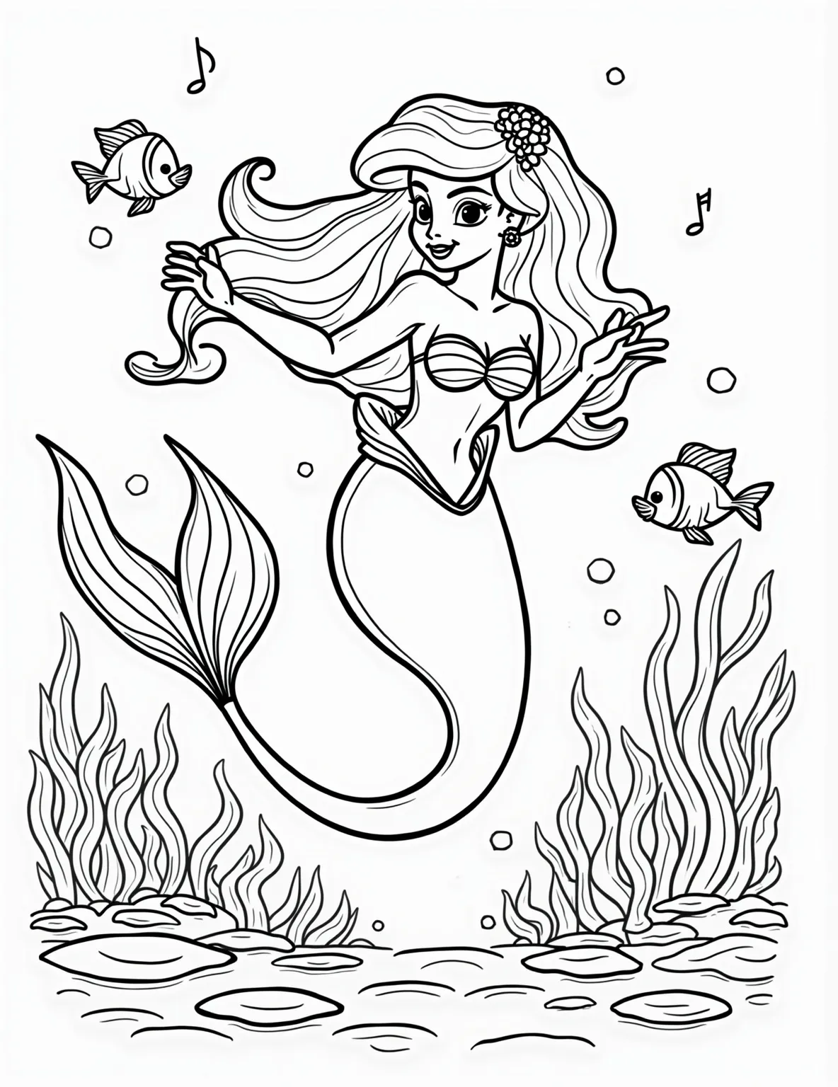 Ariel's Underwater Concert -- prompt: "black lines only Ariel, Disney's mermaid princess, gracefully swimming underwater. Her flowing red hair and shimmering tail outlined in bold black lines. Friendly fish, vibrant coral, and playful bubbles surround her. Simple, clean shapes perfect for coloring. Joyful expression as she sings, musical notes floating flat black lines, premium coloring page, coloring sheet, line drawing, Coloring Book, NO COLOR, NO SHADING, WHITE BACKGROUND. NO GRAY, BLACK AND WHITE, NO COLOR" -- Dive under the sea with Ariel in this melodious coloring page. The little mermaid is shown singing her heart out, surrounded by her aquatic friends like Flounder and Sebastian. Seaweed, coral, and bubbles frame the scene, offering plenty of details to color.