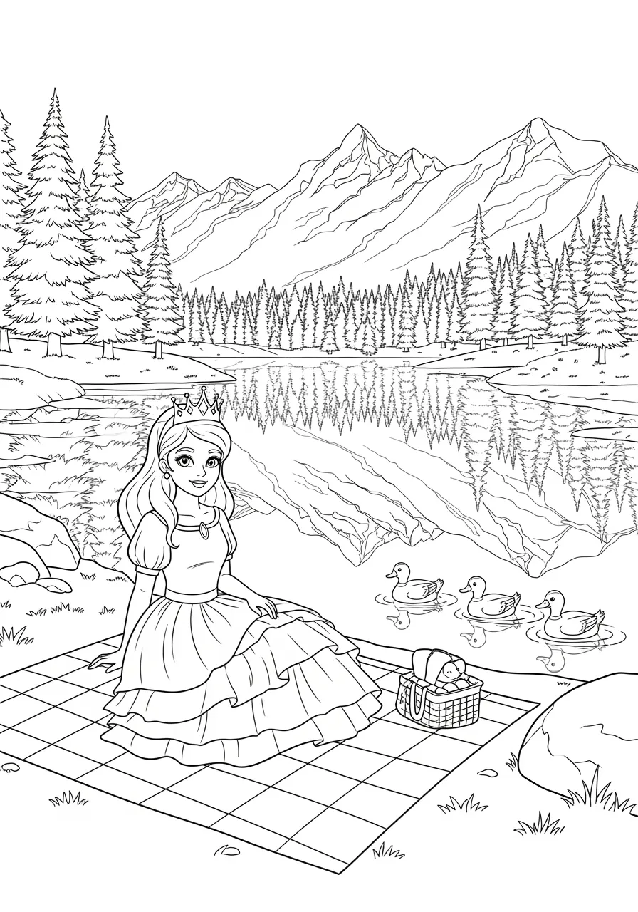 Princess Picnic by Mountain Lake Coloring Page -- prompt: "black lines only Fun coloring book style princess with flowing gown sits on checkered blanket beside crystal mountain lake, playful ducks swimming nearby, tall pine trees framing scene, majestic peaks reflecting perfectly in calm water, cheerful atmosphere flat black lines, premium coloring page, coloring sheet, line drawing, Coloring Book, NO COLOR, NO SHADING, WHITE BACKGROUND. NO GRAY, BLACK AND WHITE, NO COLOR" -- Enjoy a peaceful outdoor meal with this princess as she picnics beside a serene mountain lake. A checkered blanket holds delicious food while ducks swim nearby and mountain peaks reflect in the calm water. This tranquil scene captures the simple pleasures of nature.