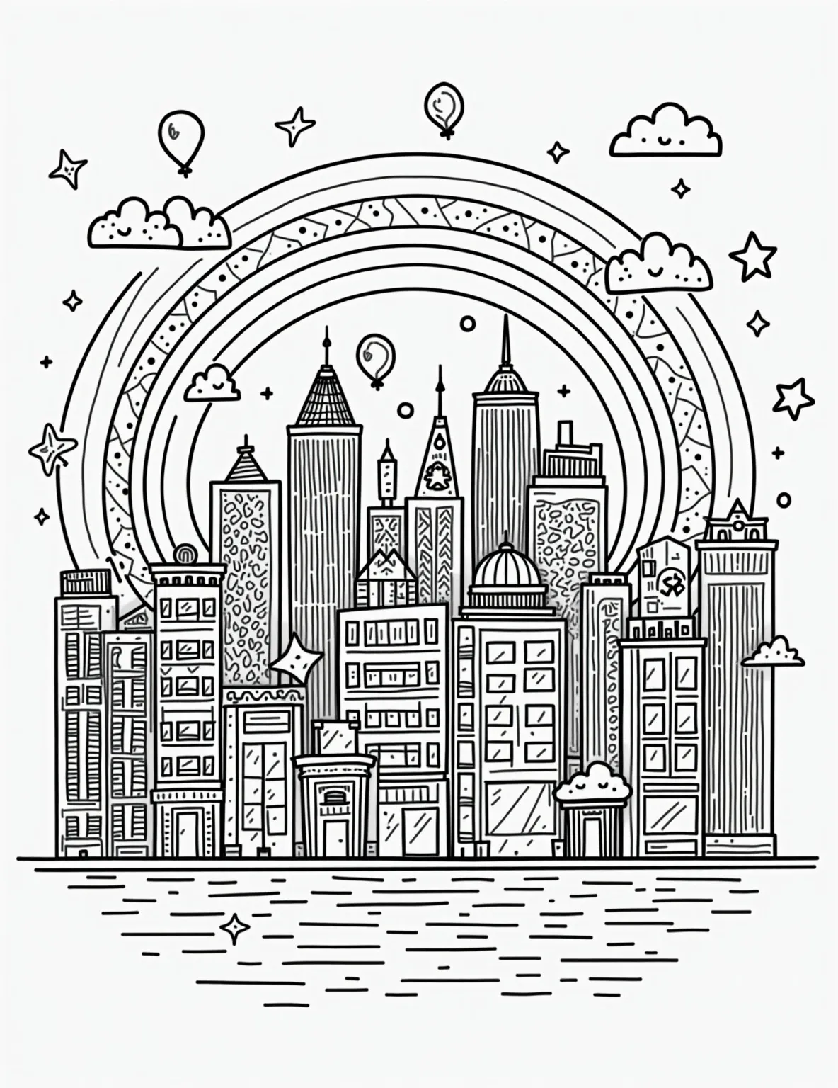 Rainbow Cityscape Silhouette Coloring Page -- prompt: "black lines only Playful city skyline outlined in bold black strokes, buildings of varying heights and shapes. Horizontal rainbow stripes fill the background. Empty spaces invite coloring. Simplified architectural details, fun patterns, and whimsical elements like stars and clouds scatter the scene. Coloring book page flat black lines, premium coloring page, coloring sheet, line drawing, Coloring Book, NO COLOR, NO SHADING, WHITE BACKGROUND. NO GRAY, BLACK AND WHITE, NO COLOR" -- A city skyline stands in silhouette against a background divided into rainbow stripes. This modern and stylish design offers a unique take on rainbow coloring. It's ideal for those who appreciate urban aesthetics with a colorful twist.