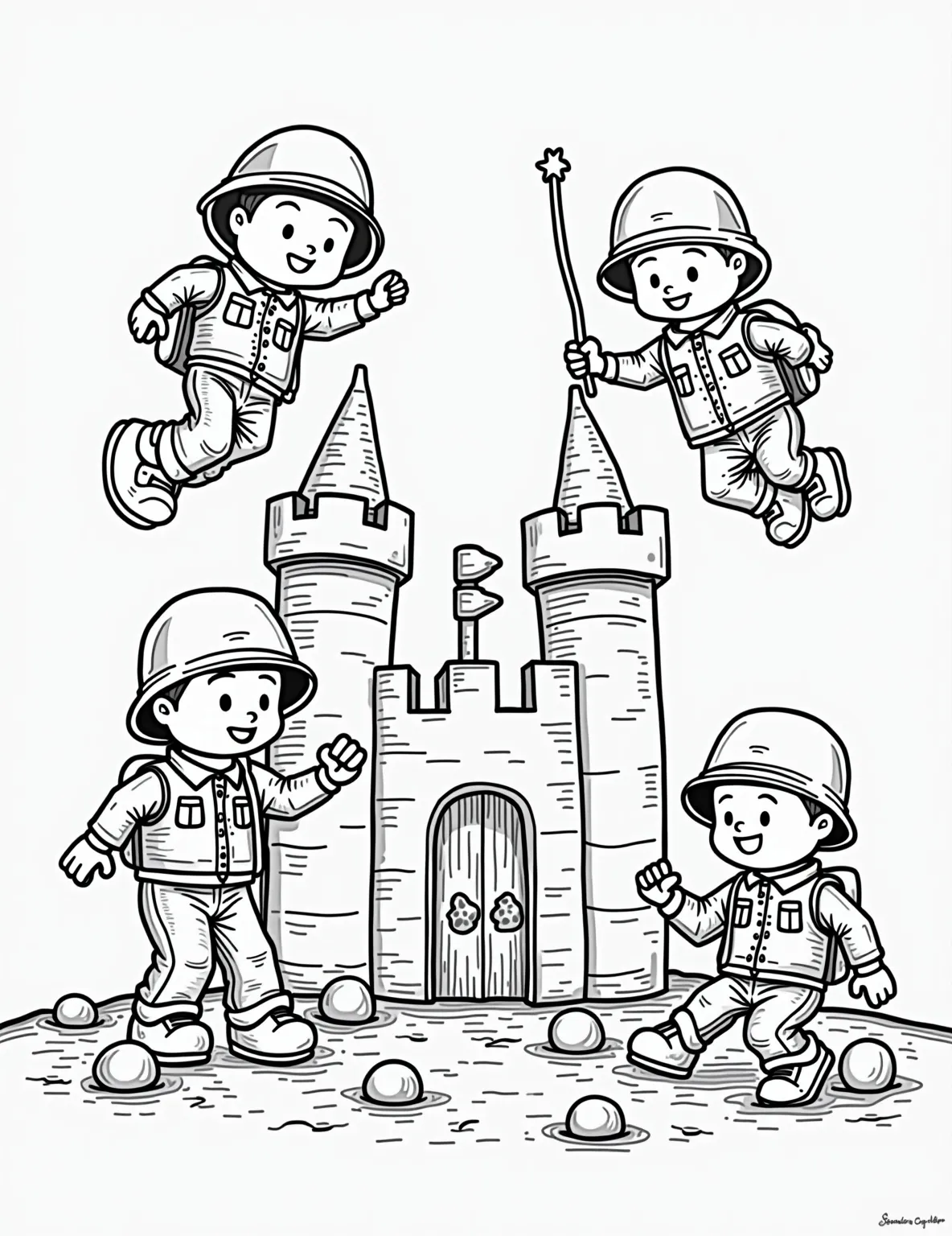 Army Men's Secret Mission Coloring Page -- prompt: "black lines only Bold outlines frame playful Green Army Men scaling towering Lego fortresses, leaping over colossal crayons, and swinging on shoelace vines. Cartoonish expressions adorn their faces as they navigate oversized marbles, dominos, and building blocks. Empty spaces await vibrant colors in this backyard adventure coloring page. flat black lines, premium coloring page, coloring sheet, line drawing, Coloring Book, NO COLOR, NO SHADING, WHITE BACKGROUND. NO GRAY, BLACK AND WHITE, NO COLOR" -- Embark on a covert operation with the Green Army Men in this exciting and detailed coloring page. This action-packed scene showcases the brave plastic soldiers on a daring mission through a backyard obstacle course. Older kids and adults will appreciate the intricate details of the soldiers' equipment and the various obstacles, providing a challenging and rewarding coloring experience.