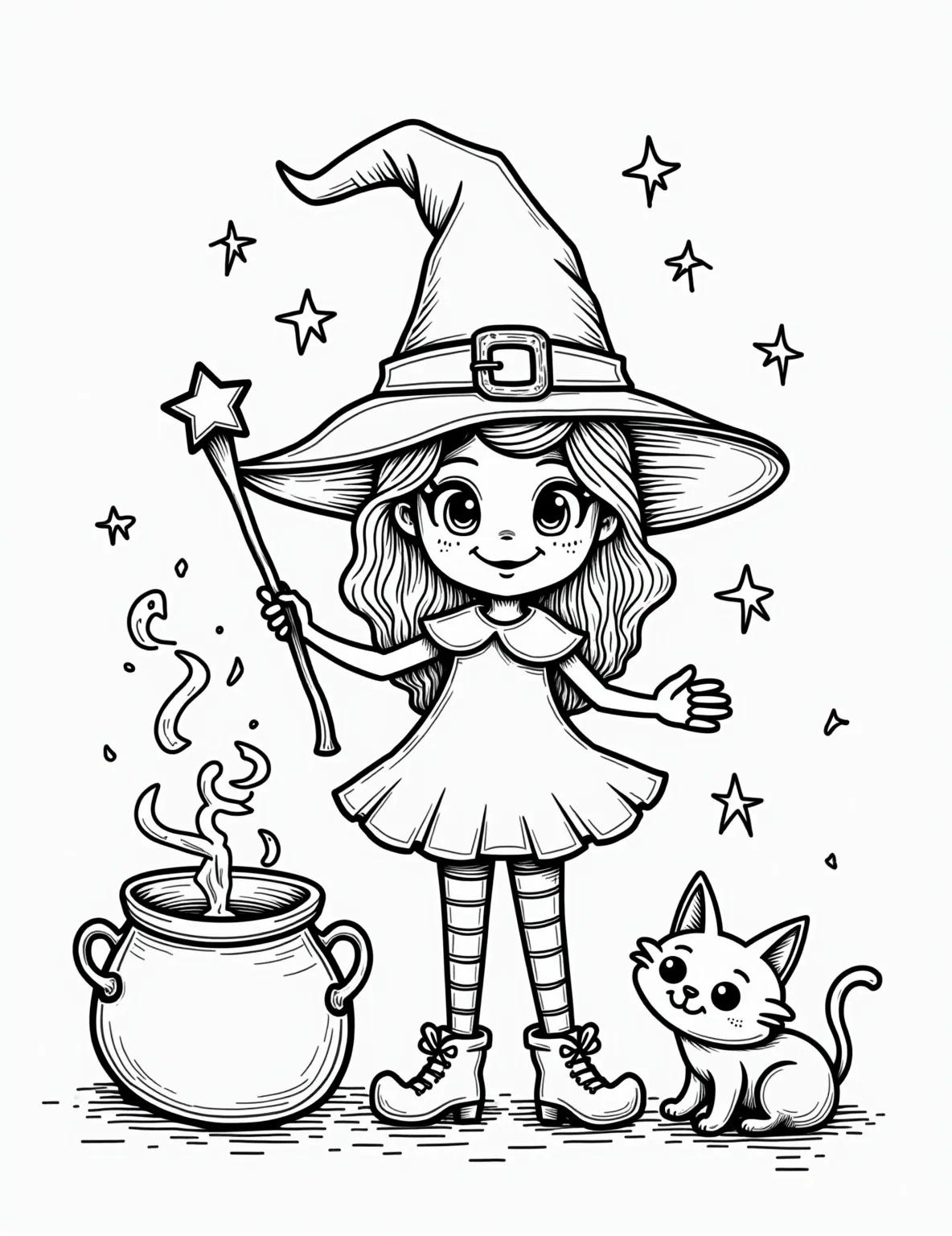 Little Witch's First Spell -- prompt: "black lines only Adorable little witch girl, pointy hat and striped stockings, waving star-tipped wand over bubbling cauldron. Curious black cat peeks from behind. Magical sparkles float. Simple, bold outlines perfect for coloring. Whimsical Halloween scene with playful, chunky elements. Spellbinding fun for young artists. flat black lines, premium coloring page, coloring sheet, line drawing, Coloring Book, NO COLOR, NO SHADING, WHITE BACKGROUND. NO GRAY, BLACK AND WHITE, NO COLOR" -- Witness the magic of learning with this adorable coloring page featuring a young witch casting her first spell. The scene shows a little girl in a witch costume, waving a wand over a cauldron, with magical sparkles and a curious black cat nearby. This page is perfect for young children who love the idea of magic and Halloween.