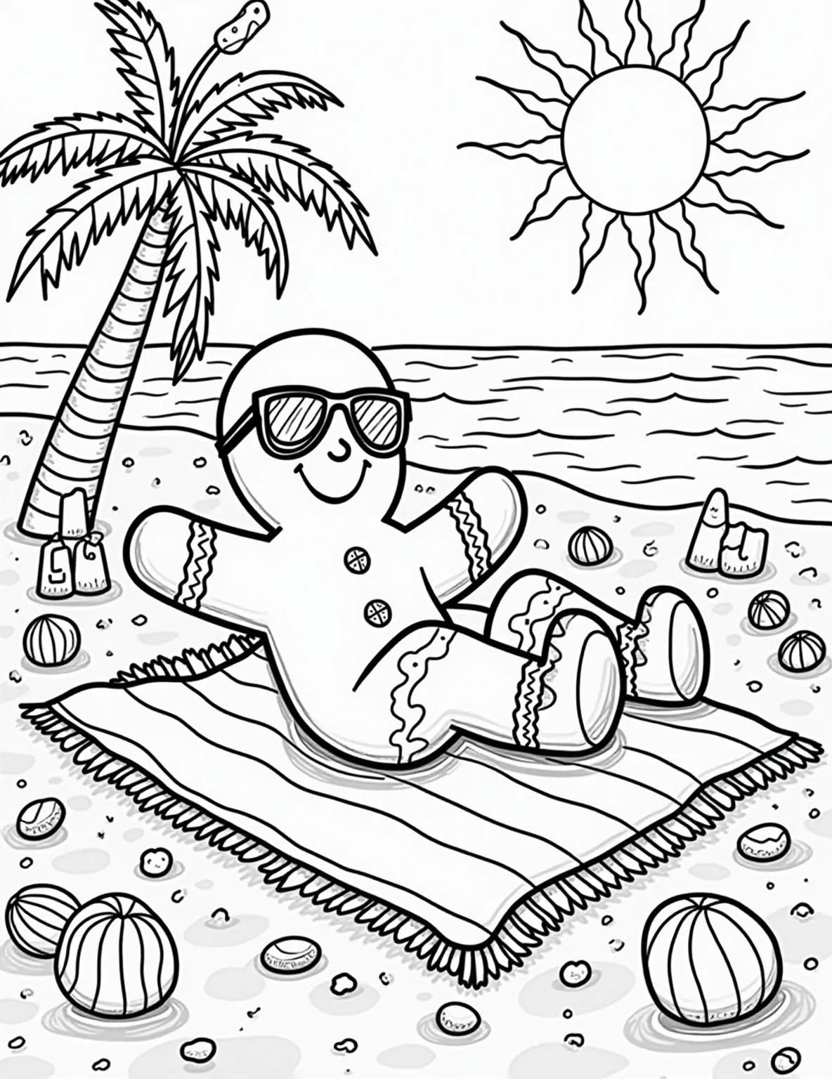 Gingerbread Man's Beach Day Coloring Page -- prompt: "black lines only Cheerful gingerbread man lounging on striped beach towel, oversized sunglasses reflecting palm trees. Bold outlines define sandcastles, seashells, and beach balls. Coconut drink nearby. Wavy ocean and sun in background. Thick lines and simple shapes perfect for coloring. Remember to complete the phrase and end it naturally within the 40-word limit. flat black lines, premium coloring page, coloring sheet, line drawing, Coloring Book, NO COLOR, NO SHADING, WHITE BACKGROUND. NO GRAY, BLACK AND WHITE, NO COLOR" -- This summer-themed coloring page shows a gingerbread man enjoying a day at the beach. He's lounging on a beach towel, wearing sunglasses, and surrounded by beach balls and sandcastles. It's a fun, seasonal twist on the traditional gingerbread man image.