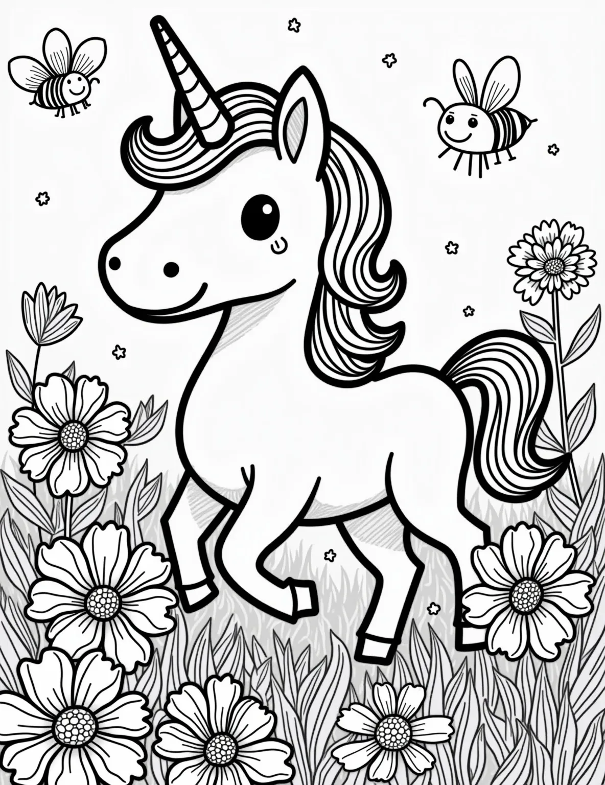 Enchanted Unicorn Garden Coloring Page -- prompt: "black lines only Playful unicorn prancing through a whimsical garden. Oversized daisies, sunflowers, and tulips with bold outlines. Cheerful butterflies and bees with exaggerated smiles. Thick, clean lines perfect for coloring. Magical scene bursting with joy, inviting creativity. Enchanting coloring book page flat black lines, premium coloring page, coloring sheet, line drawing, Coloring Book, NO COLOR, NO SHADING, WHITE BACKGROUND. NO GRAY, BLACK AND WHITE, NO COLOR" -- Welcome to a whimsical garden where unicorns frolic among oversized flowers and friendly insects. This easy-to-color page features simple shapes and bold outlines, making it perfect for toddlers and young children. It's a delightful way to introduce little ones to the magic of unicorns and the beauty of nature.