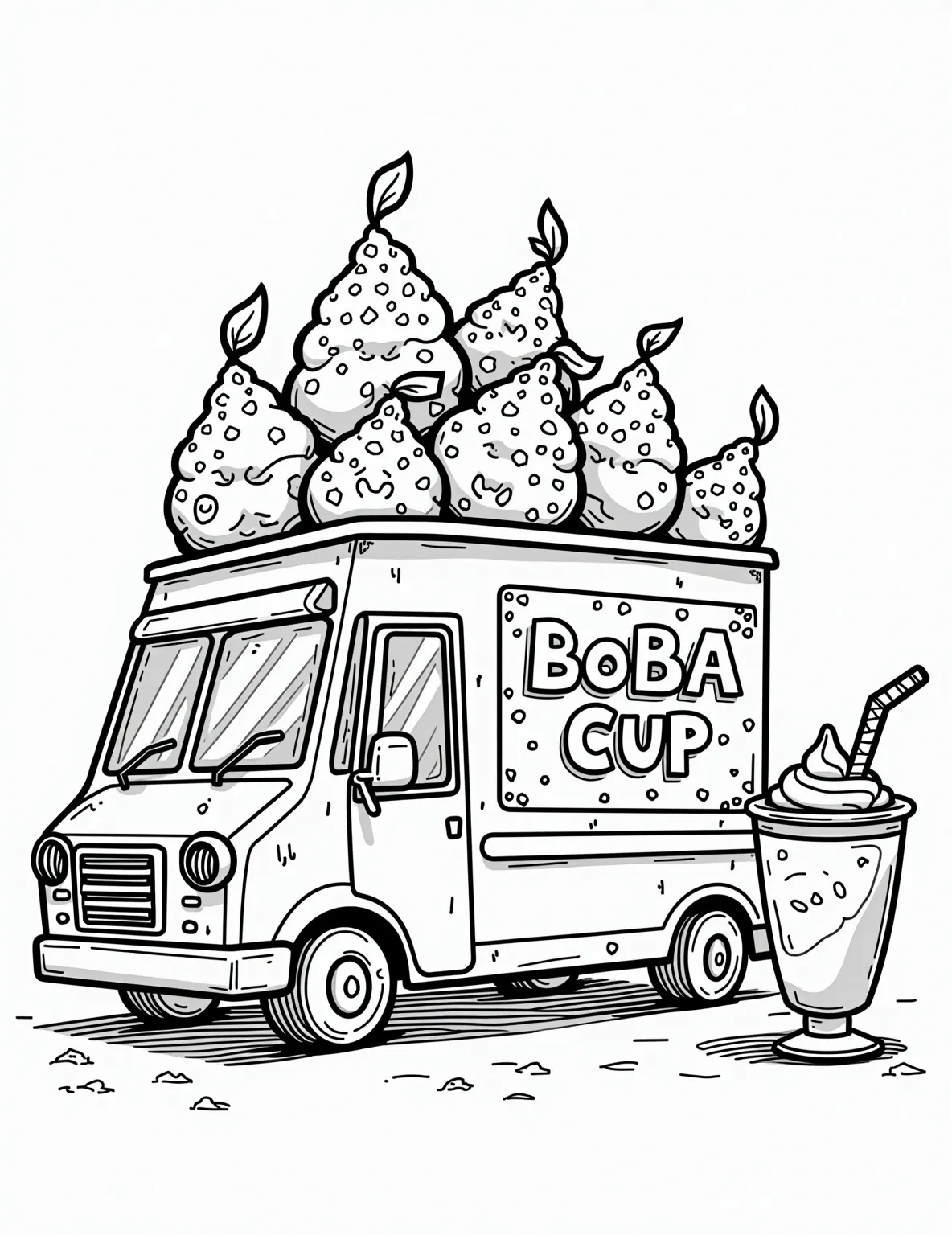 Bubble Tea Ice Cream Truck -- prompt: "black lines only Oversized boba cup ice cream truck, bold outlines, thick black borders. Smiling fruit characters with big eyes queue up. Swirling bubble tea patterns adorn truck. Empty spaces for coloring. Cheerful scene with simple shapes, perfect for children's coloring books. Playful typography announces flavors. flat black lines, premium coloring page, coloring sheet, line drawing, Coloring Book, NO COLOR, NO SHADING, WHITE BACKGROUND. NO GRAY, BLACK AND WHITE, NO COLOR" -- Summer fun meets bubble tea in this delightful coloring page! A cheery ice cream truck, shaped like a giant boba cup, serves up cool treats to a line of excited kawaii fruit characters. Look for the menu featuring creative bubble tea ice cream flavors and the musical notes made of floating tapioca pearls.