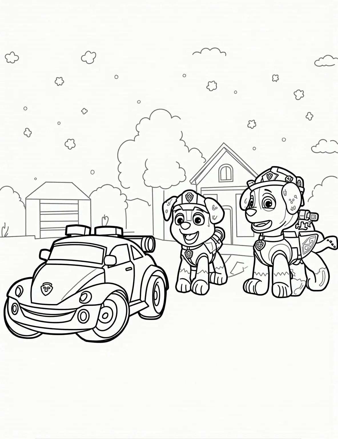 Paw Patrol Pup House Blueprints -- prompt: "black lines only Paw Patrol pup houses and vehicles transformed into charming line art. Bold, simple outlines of fire trucks, police cars, and doghouses. Playful patterns fill empty spaces. Chase's police badge, Marshall's firefighter helmet, and Skye's propeller backpack prominently featured. Cheerful, child-friendly designs perfect for coloring. flat black lines, premium coloring page, coloring sheet, line drawing, Coloring Book, NO COLOR, NO SHADING, WHITE BACKGROUND. NO GRAY, BLACK AND WHITE, NO COLOR" -- Dive into the technical side of Paw Patrol with this detailed blueprint coloring page! The design features technical drawings and schematics of each pup's unique house and vehicle combination. This intricate page is perfect for older children or adults who enjoy coloring detailed plans and learning about the pups' equipment.