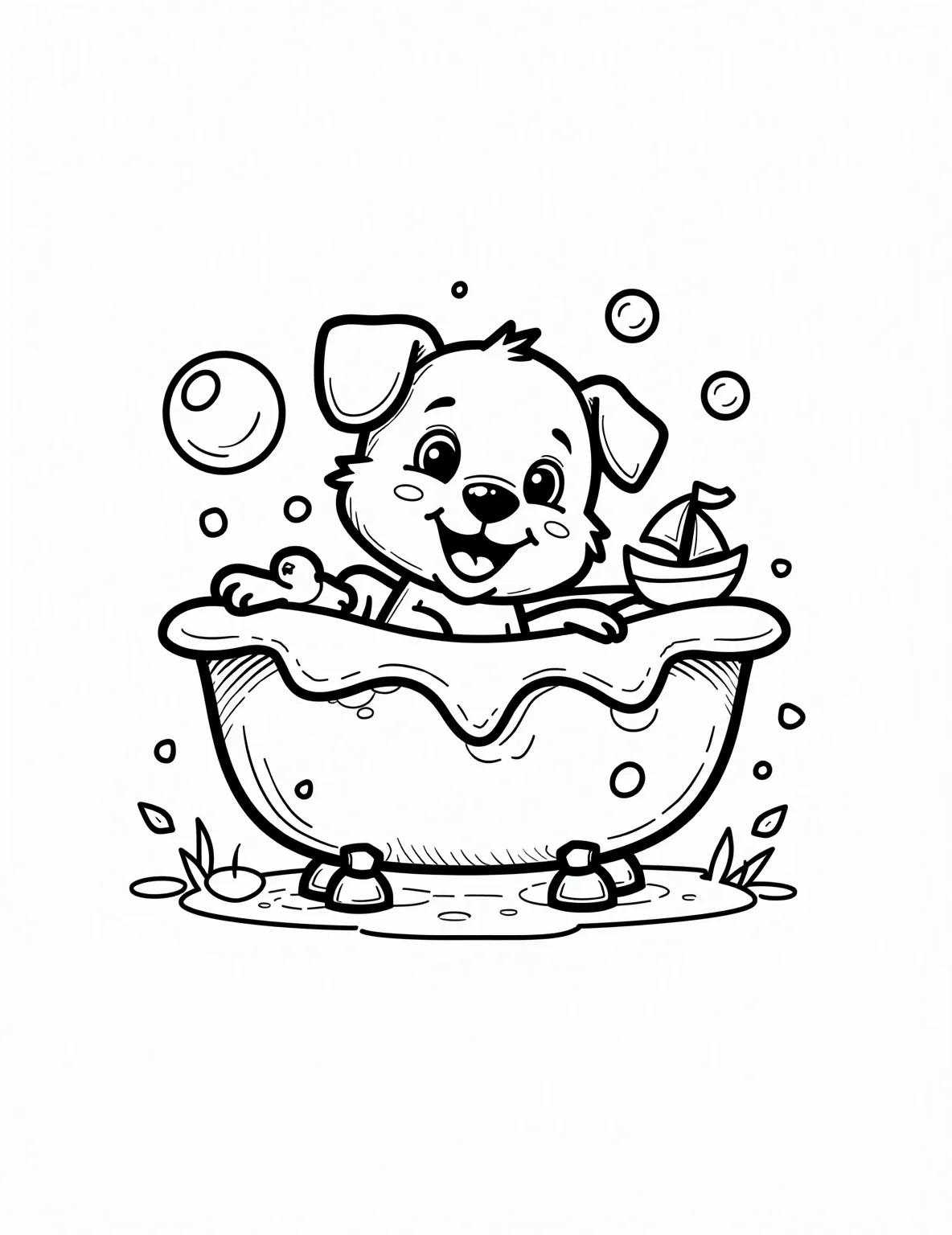 Playful Puppy's Bubble Bath Bonanza Coloring Page -- prompt: "black lines only Adorable cartoon puppy frolicking in bubble-filled bathtub. Chunky outlines perfect for coloring. Playful water splashes, rubber ducky, and floating sailboat surround pup. Simple, bold shapes of bubbles and toys create fun patterns. Joyful scene begs for vibrant crayon colors. flat black lines, premium coloring page, coloring sheet, line drawing, Coloring Book, NO COLOR, NO SHADING, WHITE BACKGROUND. NO GRAY, BLACK AND WHITE, NO COLOR" -- Get ready for some sudsy fun with this delightful puppy coloring page! The energetic pup is having a blast in a bubble-filled bathtub, creating a joyful and whimsical scene. This page is perfect for kids who love dogs and enjoy imaginative, playful illustrations.