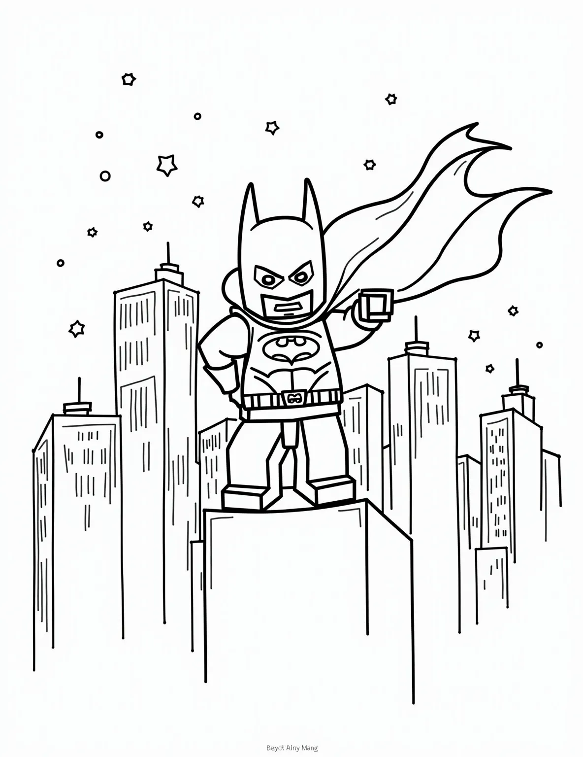 Lego Superhero Batman Coloring Page -- prompt: "black lines only Lego Batman strikes a heroic pose atop Gotham's skyline. Bold outlines frame his blocky figure, cape billowing. Cityscape background with exaggerated buildings. Empty spaces invite coloring. Simplified bat-signal shines. Action-packed scene ready for creative coloring fun. Playful yet dramatic composition flat black lines, premium coloring page, coloring sheet, line drawing, Coloring Book, NO COLOR, NO SHADING, WHITE BACKGROUND. NO GRAY, BLACK AND WHITE, NO COLOR" -- Join the caped crusader in his Lego form with this exciting Batman coloring page. Featuring the iconic Lego Batman in a dynamic pose, this page is a must for superhero fans. Add your own color scheme to Batman's suit and background for a truly unique creation.