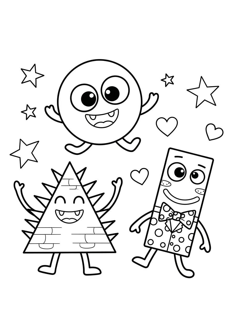 Shape Monster Silly Squad Coloring Page -- prompt: "black lines only Cheerful geometric monster friends arranged in playful formation: smiling circular blob with googly eyes, spiky triangular creature with tiny arms, rectangular box monster with bow tie, surrounded by stars and hearts, thick black outlines, simple shapes perfect for children's coloring books flat black lines, premium coloring page, coloring sheet, line drawing, Coloring Book, NO COLOR, NO SHADING, WHITE BACKGROUND. NO GRAY, BLACK AND WHITE, NO COLOR" -- Get ready to giggle with this collection of adorable shape monsters! Each friendly creature is made from different geometric shapes, from the circular Bubble Monster to the triangular Spike Beast. Children will have a blast creating their own colorful monster universe.