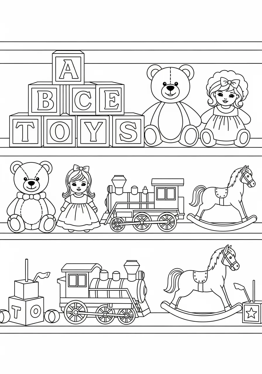Vintage Toy Shop Alphabet Display Coloring Page -- prompt: "black lines only Fun coloring book style illustration of nostalgic toy store with bold black outlines, wooden alphabet blocks spelling words, smiling teddy bears, vintage dolls, and toy trains arranged on tiered shelves, simple clean lines perfect for children's coloring activities flat black lines, premium coloring page, coloring sheet, line drawing, Coloring Book, NO COLOR, NO SHADING, WHITE BACKGROUND. NO GRAY, BLACK AND WHITE, NO COLOR" -- Discover a nostalgic toy store where classic playthings arrange themselves into perfect alphabet formations! From wooden blocks to teddy bears, each beloved toy contributes to creating letters in this charming scene. This detailed coloring page appeals to adults who appreciate vintage aesthetics while offering children a glimpse into timeless toys and games.