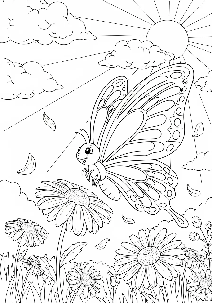 Baby Butterfly's First Flight Coloring Page -- prompt: "black lines only Fun coloring book style page featuring adorable baby butterfly with oversized wings spreading wide during maiden flight, surrounded by large floating flower petals, simple bold outlines, cheerful garden background with smiling sun and puffy clouds above flat black lines, premium coloring page, coloring sheet, line drawing, Coloring Book, NO COLOR, NO SHADING, WHITE BACKGROUND. NO GRAY, BLACK AND WHITE, NO COLOR" -- Follow along as this adorable baby butterfly takes its very first flight through a gentle breeze filled with floating flower petals and soft grass. This heartwarming scene is specially designed for toddlers and preschoolers, featuring large, simple shapes and encouraging themes about growth and new experiences. The sweet storyline helps parents connect with their children while fostering discussions about nature and growing up.