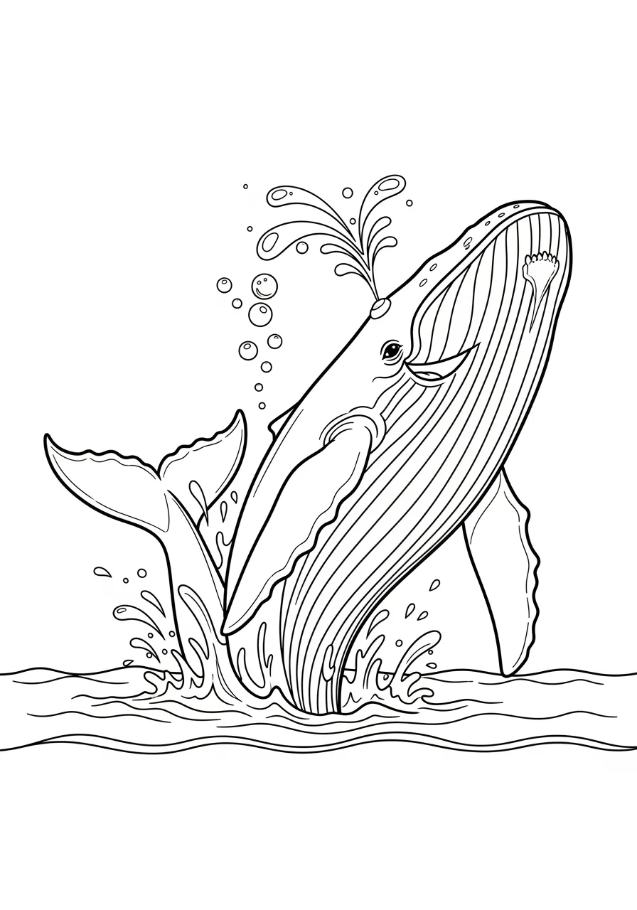 Majestic Whale Breaching Ocean Surface Coloring Page -- prompt: "black lines only Fun coloring book style illustration of a joyful humpback whale breaching ocean waves, thick black outlines, simple geometric water splashes, smiling whale expression, decorative bubbles floating upward, child-friendly design with clear sections for coloring flat black lines, premium coloring page, coloring sheet, line drawing, Coloring Book, NO COLOR, NO SHADING, WHITE BACKGROUND. NO GRAY, BLACK AND WHITE, NO COLOR" -- This dramatic scene captures a humpback whale breaching the ocean surface with water cascading around it. The whale's massive size and graceful movement create an awe-inspiring coloring experience. This page is excellent for discussing marine mammals and ocean conservation.