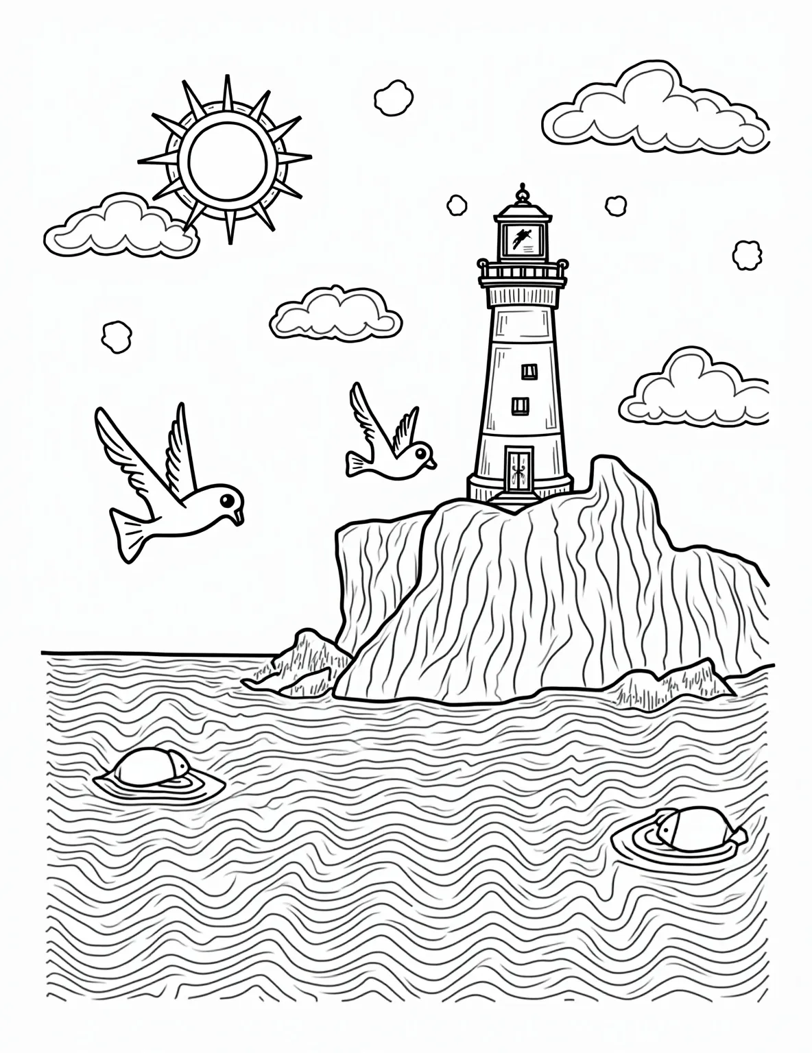 Winter Lighthouse Snow Globe -- prompt: "black lines only Coloring page illustration: Lighthouse on rocky coast, bold outlines. Swirling snowflakes, zig-zag waves. Playful seagulls, smiling fish peeking from water. Chunky ice floes. Cheerful clouds, sun peeping out. Decorative border with nautical elements. Fun, simple shapes for easy coloring. flat black lines, premium coloring page, coloring sheet, line drawing, Coloring Book, NO COLOR, NO SHADING, WHITE BACKGROUND. NO GRAY, BLACK AND WHITE, NO COLOR" -- Stand strong against winter storms with this dramatic lighthouse snow globe. A stalwart lighthouse beams across choppy, partially frozen waters, while seagulls brave the wintry winds. Snow and sea spray swirl within the globe, creating a dynamic scene that's sure to challenge and delight colorists.