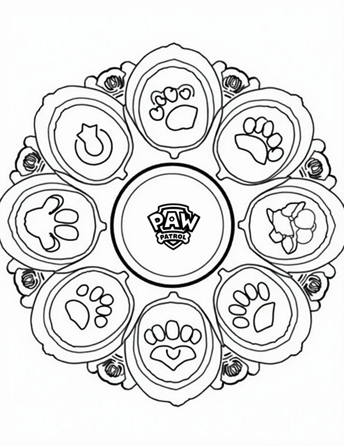 Paw Patrol Pup Tag Mandala -- prompt: "black lines only Playful Paw Patrol pup tag symbols intertwine in a circular mandala design. Bold outlines and simple shapes create a fun coloring book page. Each section features a different pup's emblem, radiating from the center in symmetrical patterns. Blank spaces invite colorful creativity. flat black lines, premium coloring page, coloring sheet, line drawing, Coloring Book, NO COLOR, NO SHADING, WHITE BACKGROUND. NO GRAY, BLACK AND WHITE, NO COLOR" -- Explore your artistic side with this intricate Paw Patrol-inspired mandala! The design incorporates all the pups' tag symbols arranged in a beautiful, symmetrical pattern. This complex coloring page is perfect for adults or older children who enjoy meditative and detailed coloring projects.