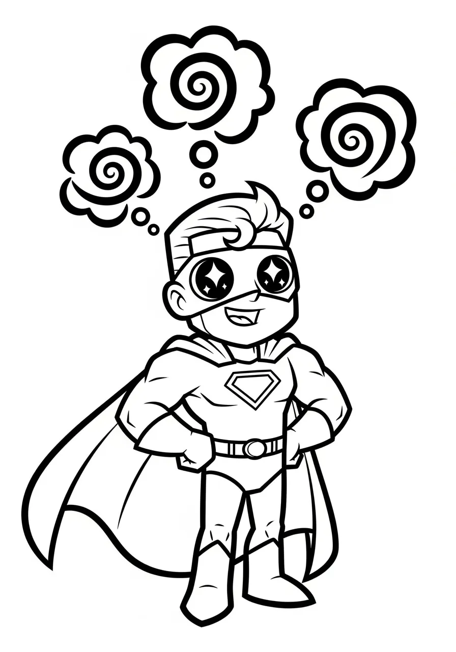Telepathic Hero Reading Minds with Glowing Eyes Coloring Page -- prompt: "black lines only Fun coloring book page featuring friendly superhero with large radiating eyes, bold spiral thought waves floating around head, simple thick outlines, cartoon style face with cape, easy-to-color sections, child-friendly design flat black lines, premium coloring page, coloring sheet, line drawing, Coloring Book, NO COLOR, NO SHADING, WHITE BACKGROUND. NO GRAY, BLACK AND WHITE, NO COLOR" -- This mysterious coloring page features a superhero using telepathic powers, with glowing eyes and thought waves emanating from their head. Swirling energy patterns surround the hero as they concentrate on reading minds and communicating mentally. The psychic energy effects create interesting geometric patterns perfect for creative coloring techniques.