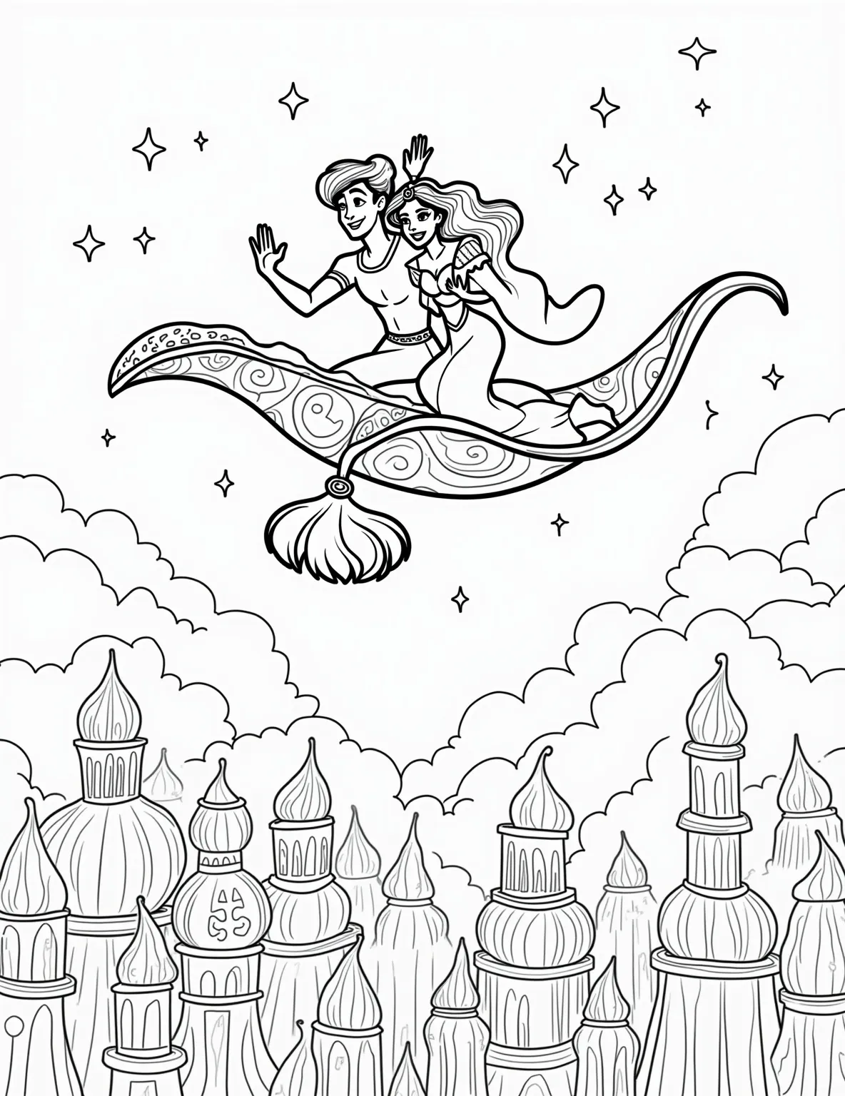 Jasmine's Magic Carpet Ride -- prompt: "black lines only Jasmine and Aladdin soar on a magic carpet over Agrabah's moonlit palaces. Bold outlines define their flowing garments and city's domed architecture. Stars twinkle in negative space. Carpet's tassels dance in the wind. Palace windows glow warmly. Simplified shapes perfect for coloring. flat black lines, premium coloring page, coloring sheet, line drawing, Coloring Book, NO COLOR, NO SHADING, WHITE BACKGROUND. NO GRAY, BLACK AND WHITE, NO COLOR" -- Soar through the night sky with Jasmine and Aladdin on this adventurous coloring page. The pair are seated on the magic carpet, flying over the domed palaces of Agrabah. Stars twinkle in the background, waiting for your colorful touch to bring this romantic scene to life.