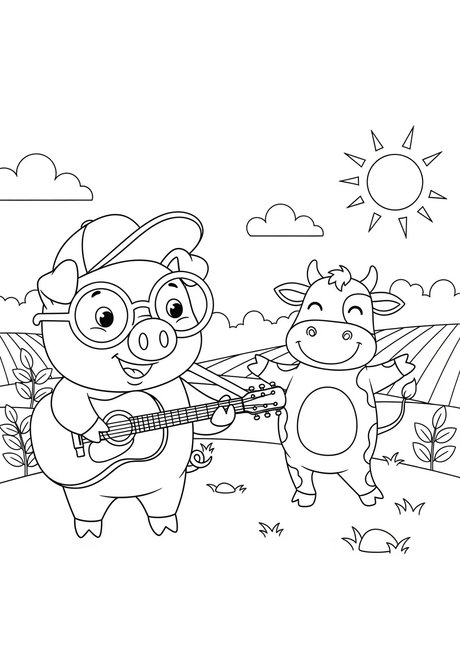 Pig, Cow, Baseball Hat, Glasses, Acoustic Guitar, Farm Field