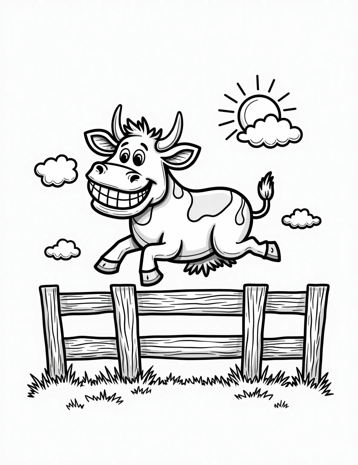 Cow Jumping Over a Fence -- prompt: "black lines only Cheerful cartoon cow with exaggerated smile leaps gracefully over rustic wooden fence. Bold black outlines define shapes. Dashed motion lines trail behind. Fluffy clouds and smiling sun in background. Empty spaces await vibrant colors. Perfect for children's coloring books. flat black lines, premium coloring page, coloring sheet, line drawing, Coloring Book, NO COLOR, NO SHADING, WHITE BACKGROUND. NO GRAY, BLACK AND WHITE, NO COLOR" -- This action-packed coloring page shows a cow mid-leap over a wooden fence. The cow's expression of determination and the motion lines add dynamism to the scene. It's a great page for discussing movement and action in art.