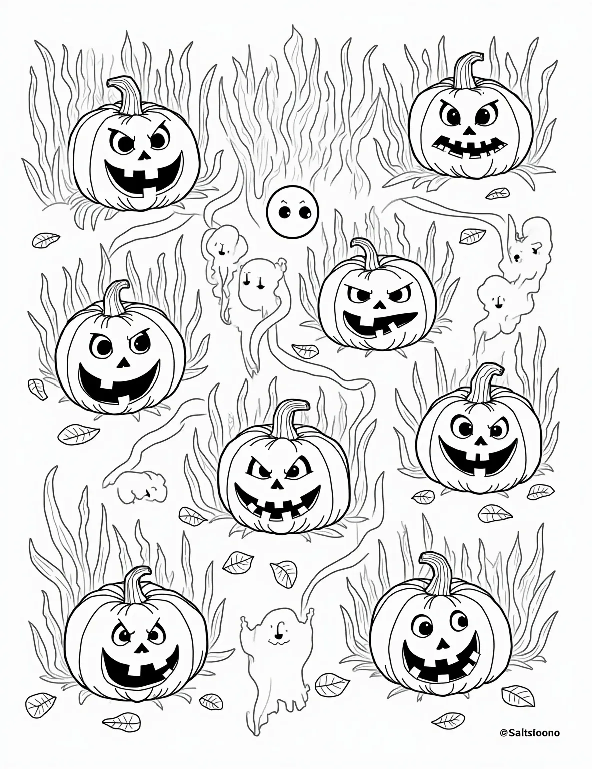 Haunted Pumpkin Patch Maze Coloring Page -- prompt: "black lines only Playful pumpkin patch maze for coloring, featuring thick-lined jack-o'-lanterns with varied expressions. Curling vines form winding paths, dotted with cheerful ghosts peeking from corners. Bold outlines of cornstalks and autumn leaves frame the scene, creating a festive Halloween adventure to color. flat black lines, premium coloring page, coloring sheet, line drawing, Coloring Book, NO COLOR, NO SHADING, WHITE BACKGROUND. NO GRAY, BLACK AND WHITE, NO COLOR" -- Embark on a spooky adventure with this intricate maze-style coloring page. Navigate through a haunted pumpkin patch filled with twisting vines, grinning jack-o'-lanterns, and friendly ghosts hiding among the leaves. This page offers both a coloring challenge and a maze-solving activity, perfect for keeping little hands busy and minds engaged.