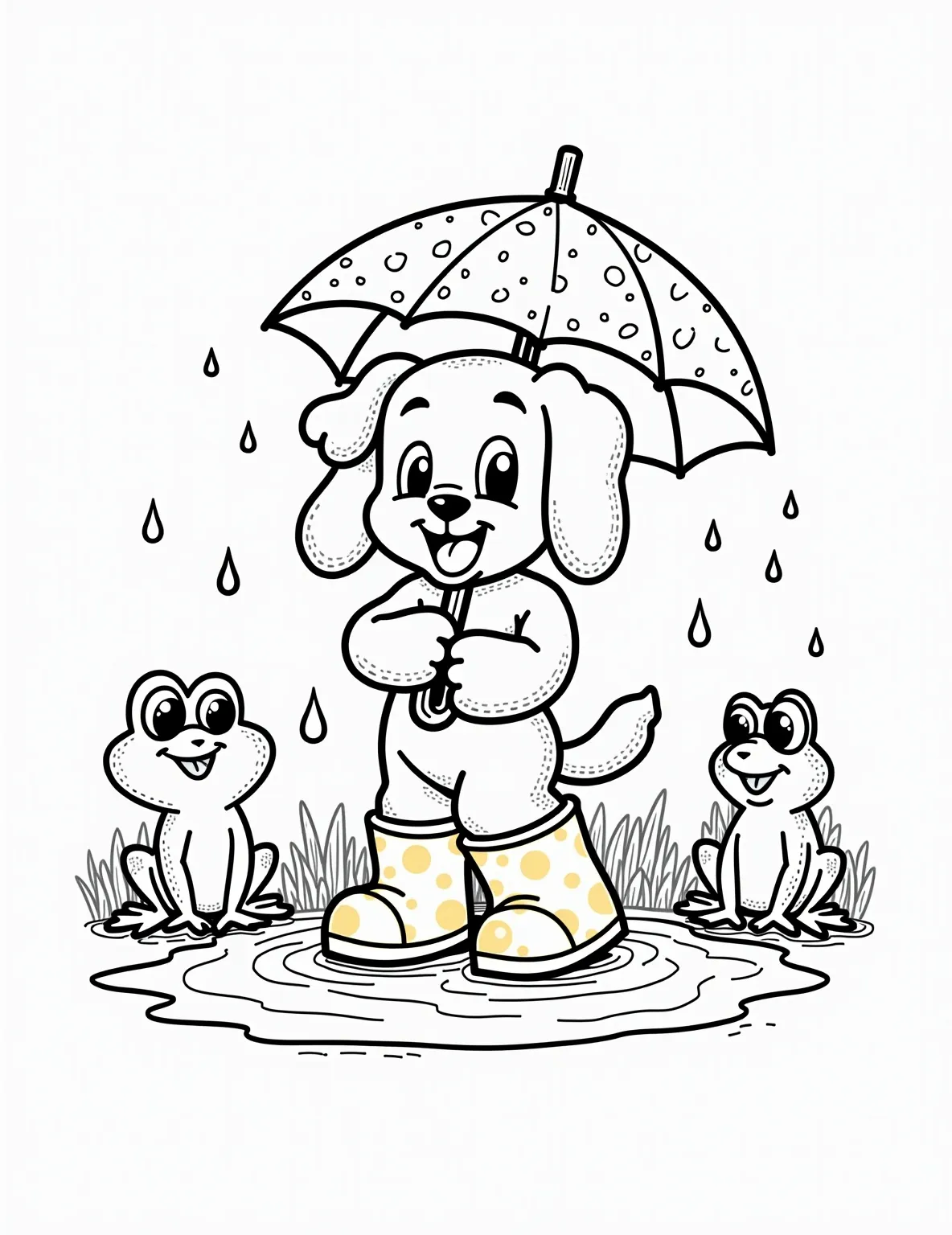 Puppy's Rainy Day Adventure Coloring Page -- prompt: "black lines only Cheerful puppy wearing bright yellow rain boots, gripping polka-dot umbrella. Splashing in puddle surrounded by cartoonish frogs with big eyes. Bold outlines, simple shapes. Oversized raindrops falling. Perfect for coloring, with wide spaces between elements. Playful scene evoking joy flat black lines, premium coloring page, coloring sheet, line drawing, Coloring Book, NO COLOR, NO SHADING, WHITE BACKGROUND. NO GRAY, BLACK AND WHITE, NO COLOR" -- Embrace the rainy day fun with this adorable coloring page! A cheerful puppy splashes in a puddle, wearing tiny rain boots and holding an umbrella. Raindrops and a few jumping frogs add to the whimsical, wet-weather theme.