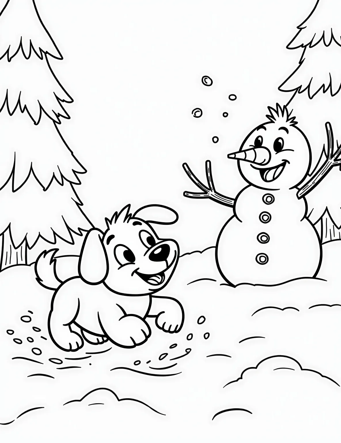 Puppy's First Snow Day Coloring Page -- prompt: "black lines only Playful puppy bounding through snow, tongue out to catch snowflakes. Simple, bold outlines perfect for coloring. Nearby, a jolly snowman with carrot nose and stick arms. Pine trees with thick, wavy branches frame the scene. Large, empty spaces for creative coloring fun. flat black lines, premium coloring page, coloring sheet, line drawing, Coloring Book, NO COLOR, NO SHADING, WHITE BACKGROUND. NO GRAY, BLACK AND WHITE, NO COLOR" -- Experience winter wonder through a puppy's eyes with this charming coloring page. A fluffy puppy frolics in the snow, catching snowflakes on its tongue. A small snowman and some pine trees create a perfect snowy backdrop for this cold-weather canine adventure.