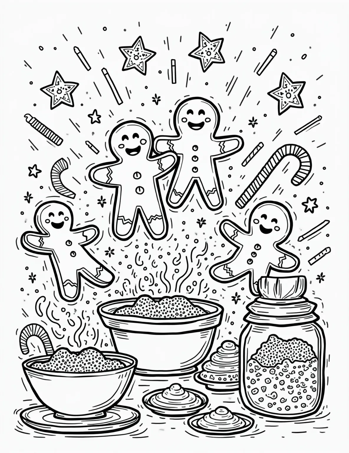 Christmas Cookie Baking Extravaganza Coloring Page -- prompt: "black lines only Cheerful kitchen scene with bold, thick outlines. Smiling gingerbread people, star-shaped cookies, and candy canes await decoration. Mixing bowls, rolling pins, and cookie cutters scatter the countertop. Festive ingredients like sprinkles and frosting tubes add pops of color. A Christmas tree-shaped cookie jar stands nearby. flat black lines, premium coloring page, coloring sheet, line drawing, Coloring Book, NO COLOR, NO SHADING, WHITE BACKGROUND. NO GRAY, BLACK AND WHITE, NO COLOR" -- Indulge in the sweet tradition of holiday baking with this festive coloring page. The scene depicts a kitchen full of Christmas cookie preparations, with gingerbread men, sugar cookies, and other treats waiting to be decorated. This page is sure to inspire both young and adult coloring enthusiasts to get in the holiday baking spirit.