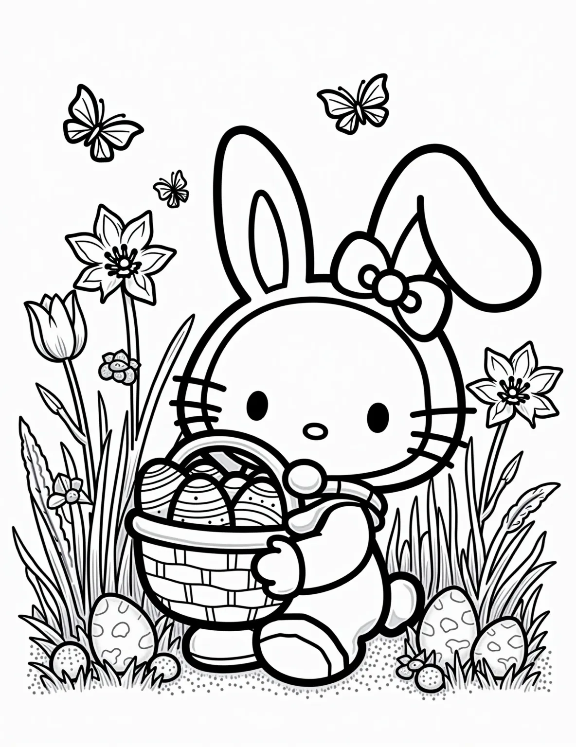 Hello Kitty's Easter Egg Hunt Adventure -- prompt: "black lines only Hello Kitty, adorned with floppy bunny ears, clutches an Easter basket. She's surrounded by bold, simplified outlines of tulips, daffodils, and hidden eggs. The garden scene features thick, black lines perfect for coloring. Cheerful butterflies and bees dot the playful springtime landscape. flat black lines, premium coloring page, coloring sheet, line drawing, Coloring Book, NO COLOR, NO SHADING, WHITE BACKGROUND. NO GRAY, BLACK AND WHITE, NO COLOR" -- This charming coloring page features Hello Kitty in a lush garden, surrounded by hidden Easter eggs. She's wearing adorable bunny ears and holding a festive basket, ready to collect her colorful treasures. The scene is filled with blooming spring flowers and playful butterflies, creating a delightful Easter atmosphere.