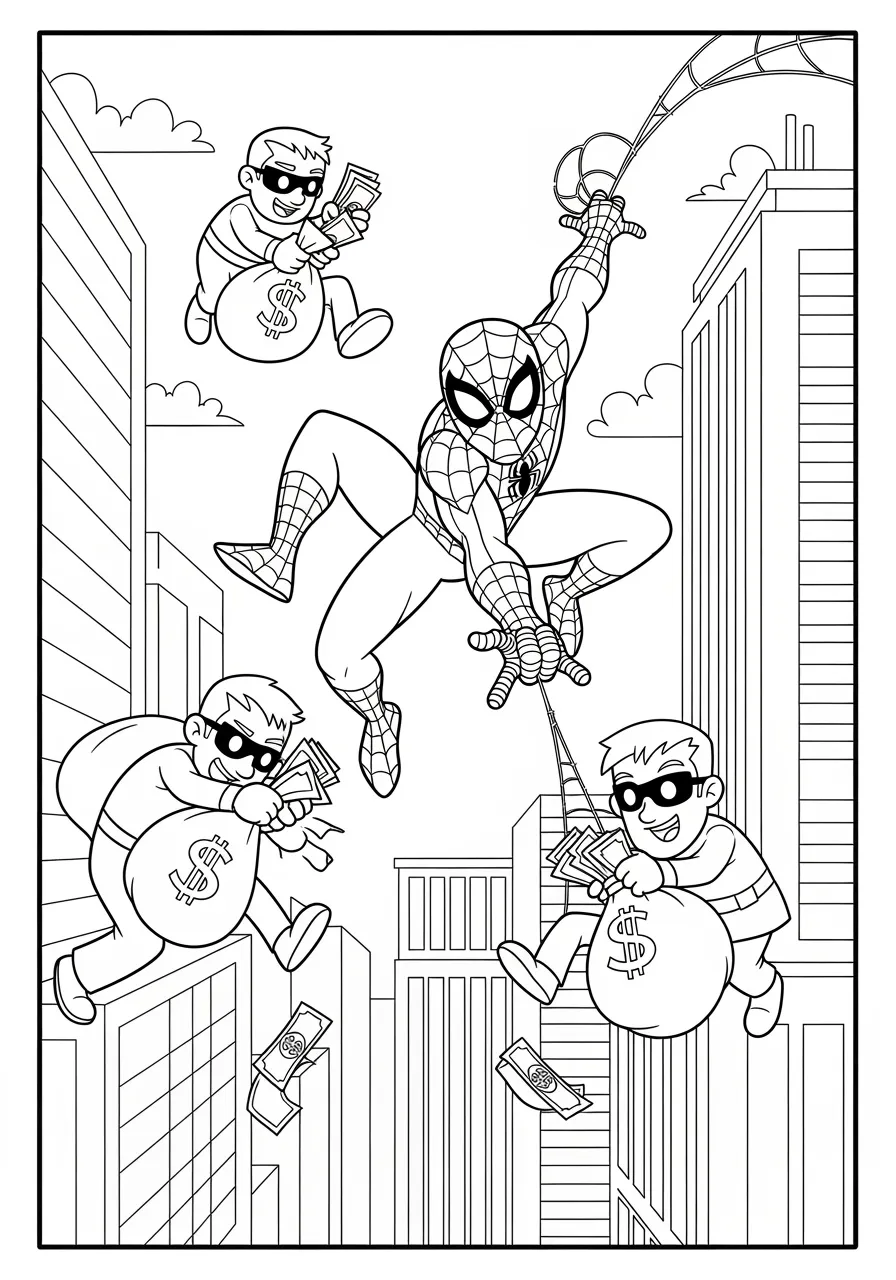 Spiderman Stopping Bank Robbery Coloring Page -- prompt: "black lines only Spiderman swinging between towering skyscrapers, web-shooters capturing cartoon bank robbers with money bags, bold black outlines, simple geometric shapes, cheerful superhero pose, urban cityscape background, thick lines perfect for crayons, kid-friendly comic book adventure scene flat black lines, premium coloring page, coloring sheet, line drawing, Coloring Book, NO COLOR, NO SHADING, WHITE BACKGROUND. NO GRAY, BLACK AND WHITE, NO COLOR" -- This action-packed scene shows Spiderman using his quick reflexes and web-shooters to stop criminals in their tracks outside a bustling city bank. The dynamic composition teaches children about justice and doing the right thing while providing an exciting coloring adventure. The urban setting and multiple characters create plenty of opportunities for creative color choices and storytelling.