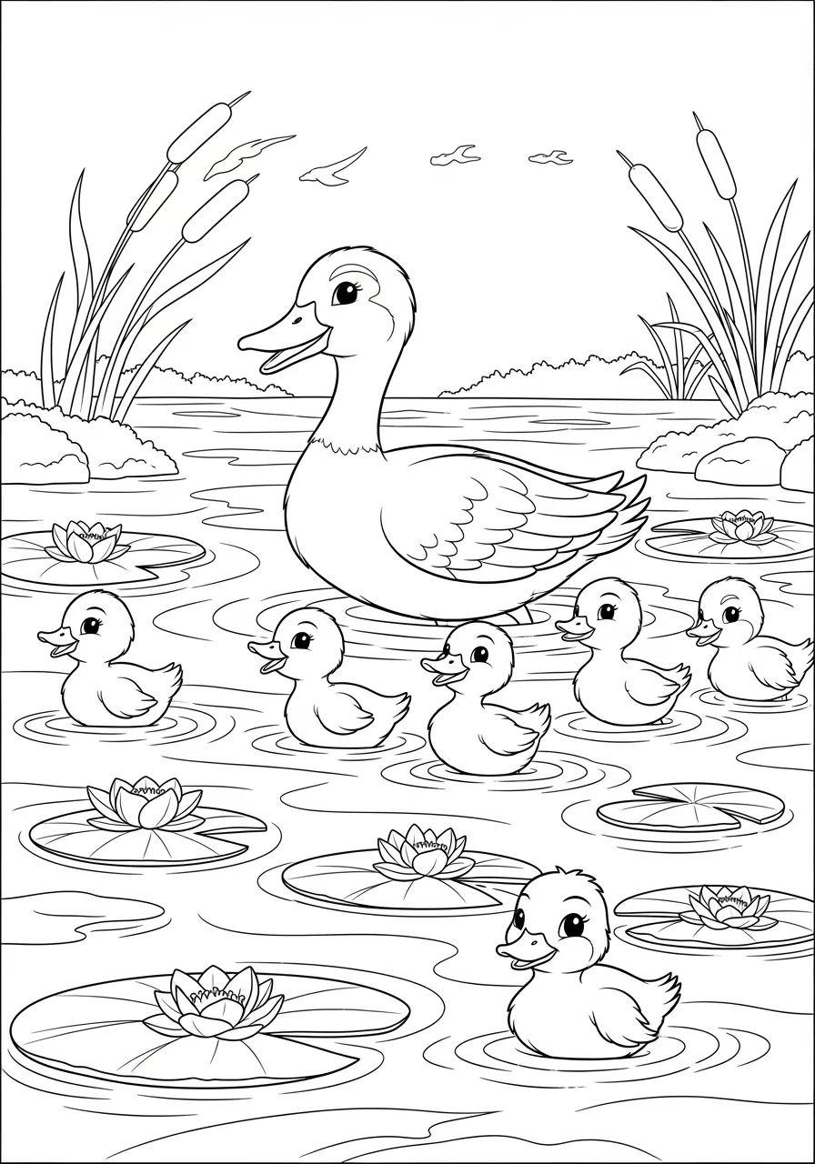 Happy Duck Family Pond Adventure Coloring Page -- prompt: "black lines only Fun coloring book page featuring cheerful mother duck leading five adorable ducklings through peaceful pond waters, surrounded by large lily pads with blooming flowers, tall cattails swaying gently, creating simple bold outlines perfect for children's crayons and markers. flat black lines, premium coloring page, coloring sheet, line drawing, Coloring Book, NO COLOR, NO SHADING, WHITE BACKGROUND. NO GRAY, BLACK AND WHITE, NO COLOR" -- This charming scene shows a duck family swimming together in a peaceful pond with lily pads and cattails. The mother duck leads her adorable ducklings in a line while they paddle through the calm water. Children will love coloring these fluffy yellow ducklings and learning about waterfowl families.