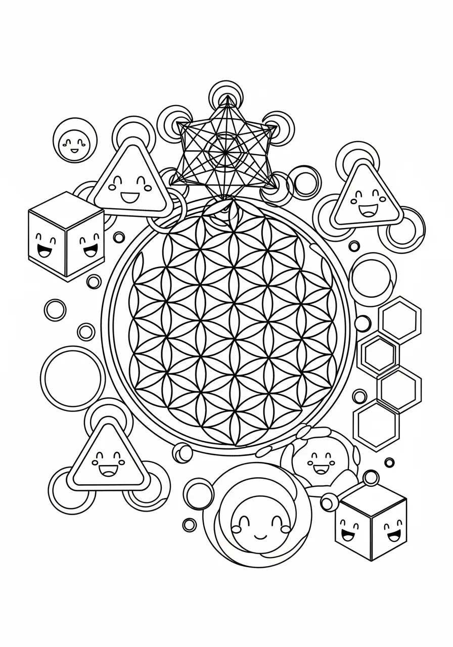 Sacred Geometry Meditation Coloring Page -- prompt: "black lines only Playful sacred geometry coloring page showcasing bold Flower of Life mandala centerpiece surrounded by cheerful Metatron's Cube formations, dancing overlapping circles, smiling triangular faces, and friendly hexagonal patterns with thick black outlines perfect for crayons and markers flat black lines, premium coloring page, coloring sheet, line drawing, Coloring Book, NO COLOR, NO SHADING, WHITE BACKGROUND. NO GRAY, BLACK AND WHITE, NO COLOR" -- Find inner peace with this spiritually inspired sacred geometry design. The page features the harmonious combination of circles, triangles, and other sacred shapes arranged in perfect mathematical proportions. This meditative coloring experience is designed to promote relaxation and mindfulness for adult practitioners.