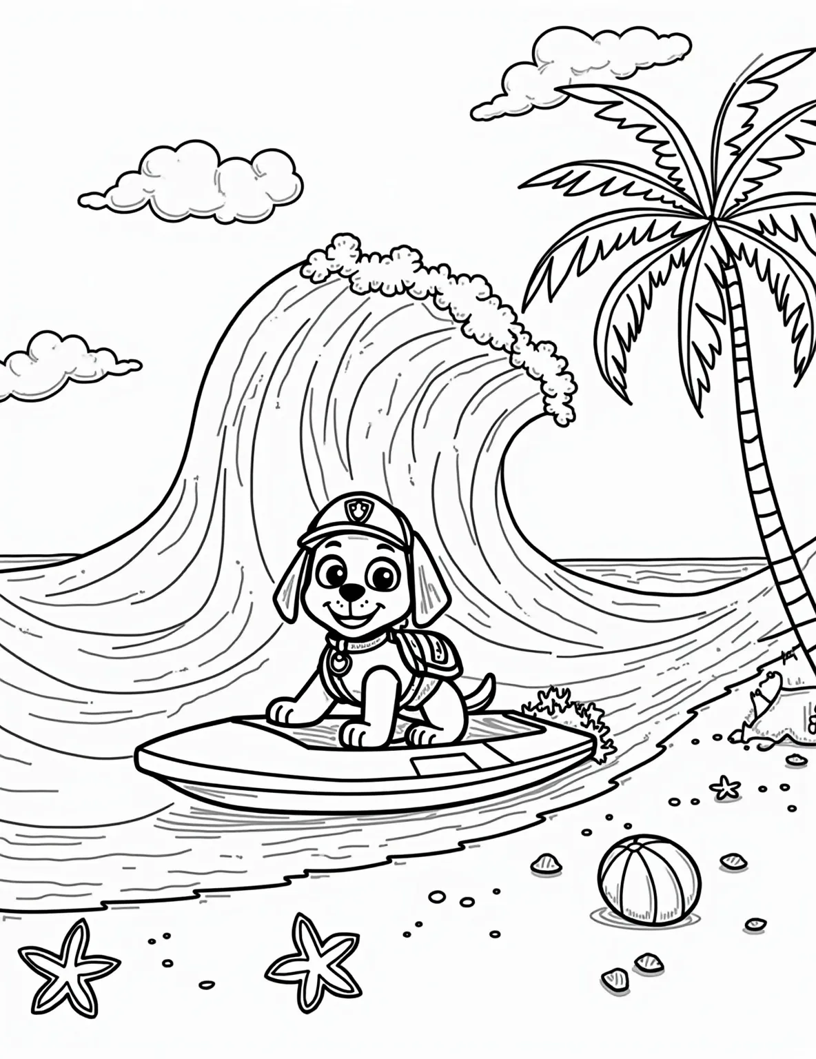 Zuma's Surfing Safari -- prompt: "black lines only Zuma, Paw Patrol's water rescue pup, rides a curling wave on his surfboard. His hovercraft bobs nearby, palm trees line a sandy beach. Bold outlines define shapes, simple patterns fill spaces. Perfect for coloring, this scene captures adventure and tropical fun. flat black lines, premium coloring page, coloring sheet, line drawing, Coloring Book, NO COLOR, NO SHADING, WHITE BACKGROUND. NO GRAY, BLACK AND WHITE, NO COLOR" -- Catch some waves with Zuma in this cool surfing scene! This coloring page shows Zuma riding a giant wave on his surfboard, with his hovercraft nearby for any water emergencies. Kids will love adding bright colors to the ocean, Zuma's gear, and the tropical beach in the background.