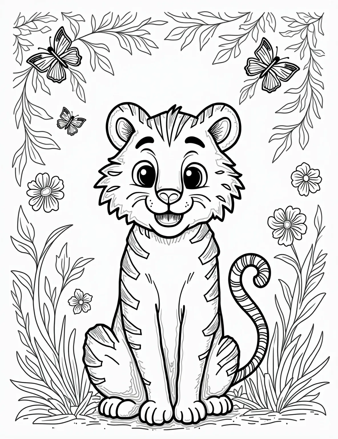 Majestic Tiger in the Jungle Coloring Page -- prompt: "black lines only Bold black outlines shape a majestic tiger, its stripes a maze of curves. Jungle foliage surrounds, leaves and vines intertwining. Shadows cast playful patterns, inviting colorful imagination. Wide-eyed tiger peeks through lush vegetation, tail curling mischievously. A whimsical scene ready for vibrant hues. flat black lines, premium coloring page, coloring sheet, line drawing, Coloring Book, NO COLOR, NO SHADING, WHITE BACKGROUND. NO GRAY, BLACK AND WHITE, NO COLOR" -- Unleash your wild side with this striking tiger coloring page. The powerful big cat prowling through dense jungle foliage captures the essence of untamed beauty. Ideal for those who love big cats and detailed nature scenes.