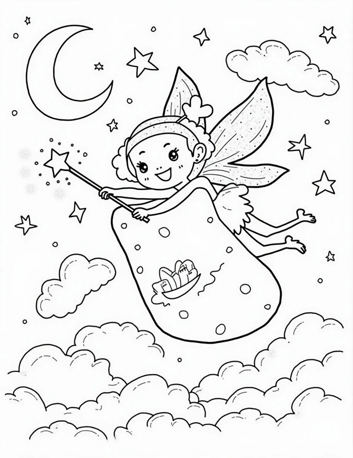 Tooth Fairy's Nightly Rounds Coloring Page -- prompt: "black lines only Playful tooth fairy with sparkling wings soars between fluffy pillows. Her wand trails stardust, bag jingling with coins and teeth. Simple, bold outlines perfect for coloring. Smiling crescent moon and twinkling stars in background. Child-friendly design with large, easy-to-color shapes. flat black lines, premium coloring page, coloring sheet, line drawing, Coloring Book, NO COLOR, NO SHADING, WHITE BACKGROUND. NO GRAY, BLACK AND WHITE, NO COLOR" -- Capture the magic of childhood beliefs with this charming tooth fairy coloring page. A gentle tooth fairy flits from pillow to pillow, leaving shiny coins and collecting precious baby teeth. This sweet scene is perfect for children who are excited about losing their teeth and the magic that follows.