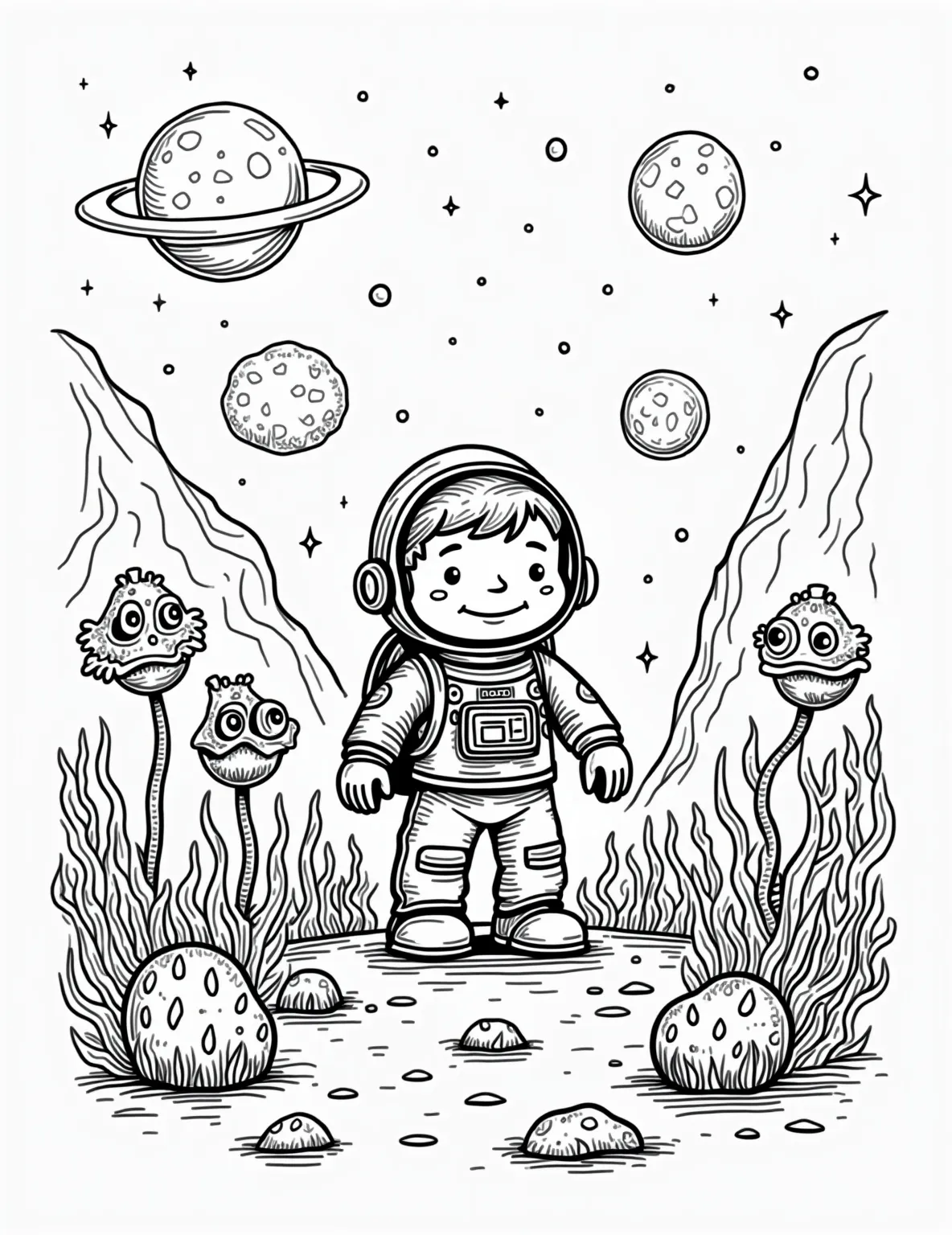 Alien Planet Exploration Coloring Page -- prompt: "black lines only Bold outlines frame a young astronaut on an alien world. Quirky plants with spiral leaves and polka-dot stems surround him. Cute bug-eyed creatures peek from behind rocks. A sky filled with swirling patterns showcases three cartoonish moons. Simple shapes and clean lines perfect for coloring. flat black lines, premium coloring page, coloring sheet, line drawing, Coloring Book, NO COLOR, NO SHADING, WHITE BACKGROUND. NO GRAY, BLACK AND WHITE, NO COLOR" -- Venture into the unknown with this captivating alien planet exploration coloring page. It features a boy astronaut discovering strange life forms on a distant, exotic world. This page is perfect for boys who love science fiction and imagining life beyond Earth.