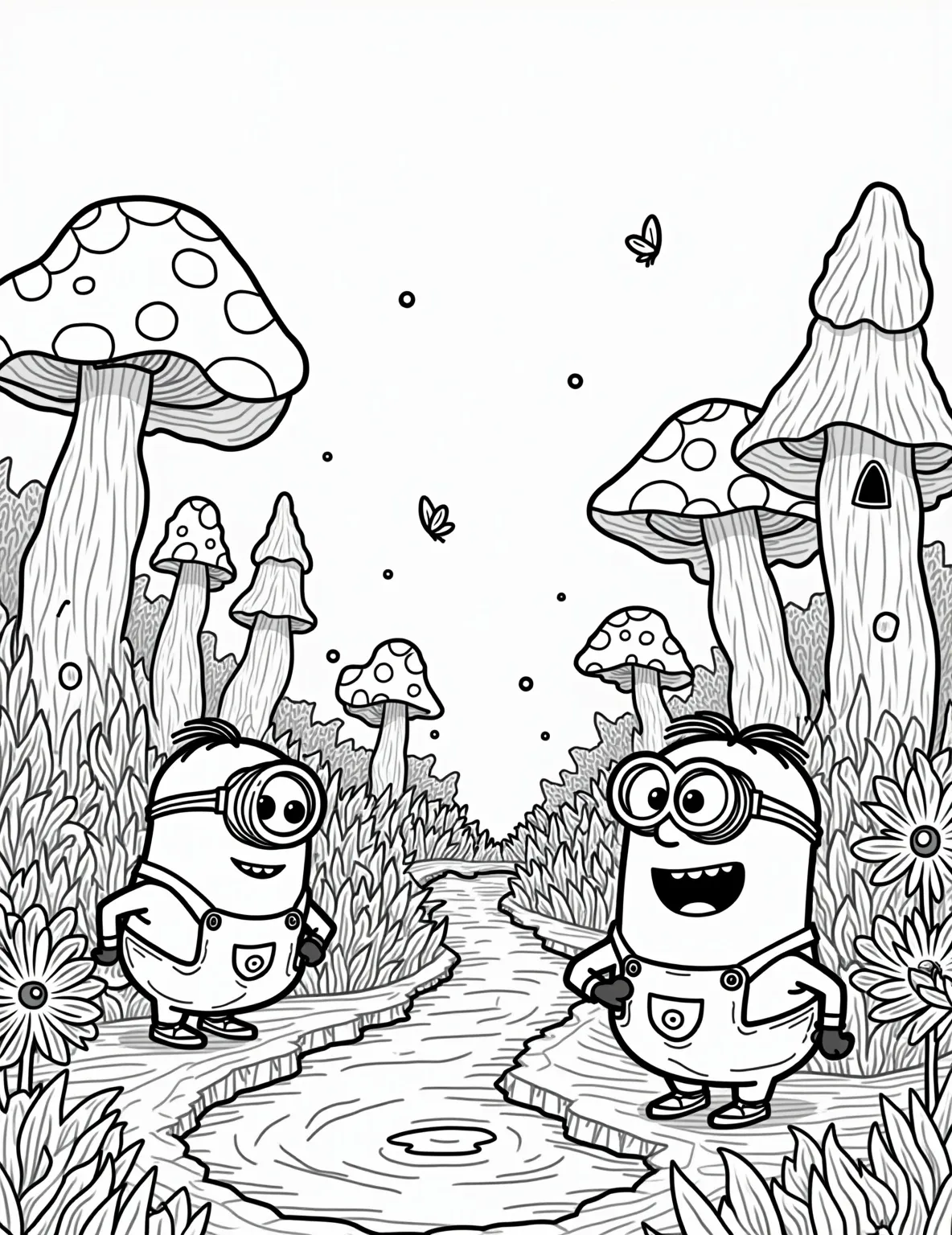 Minions' Enchanted Fairy Garden -- prompt: "black lines only Bold outlines frame cheerful Minions exploring whimsical fairy garden. Oversized mushroom houses, giant daisies, and smiling fairy creatures populate scene. Twisting vines, bubbling streams, and floating fireflies create playful maze-like paths. Simplified shapes and patterns ideal for coloring book fun. flat black lines, premium coloring page, coloring sheet, line drawing, Coloring Book, NO COLOR, NO SHADING, WHITE BACKGROUND. NO GRAY, BLACK AND WHITE, NO COLOR" -- Step into a magical world with this whimsical Minion coloring page. Our yellow friends have shrunk down to the size of insects and are exploring an enchanted fairy garden, complete with mushroom houses and flower fairies. This delightful scene is perfect for children who love fantasy and magical creatures.