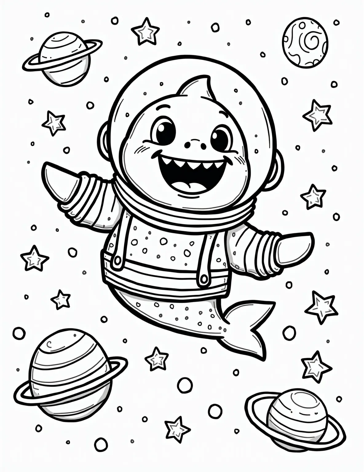 Shark Astronaut's Space Adventure -- prompt: "black lines only Coloring page of cheerful cartoon shark astronaut, space helmet filled with water. Floating amidst bold outlines of stars, planets, and swirling galaxies. Fins waving, tail swishing playfully. Simple, clean lines perfect for coloring. Cosmic adventure scene ready for imaginative hues. flat black lines, premium coloring page, coloring sheet, line drawing, Coloring Book, NO COLOR, NO SHADING, WHITE BACKGROUND. NO GRAY, BLACK AND WHITE, NO COLOR" -- Blast off into imagination with this out-of-this-world shark coloring page. It depicts a shark wearing a space suit, floating among stars and planets in outer space. This whimsical design is perfect for kids and adults who love to combine fantasy with marine life.