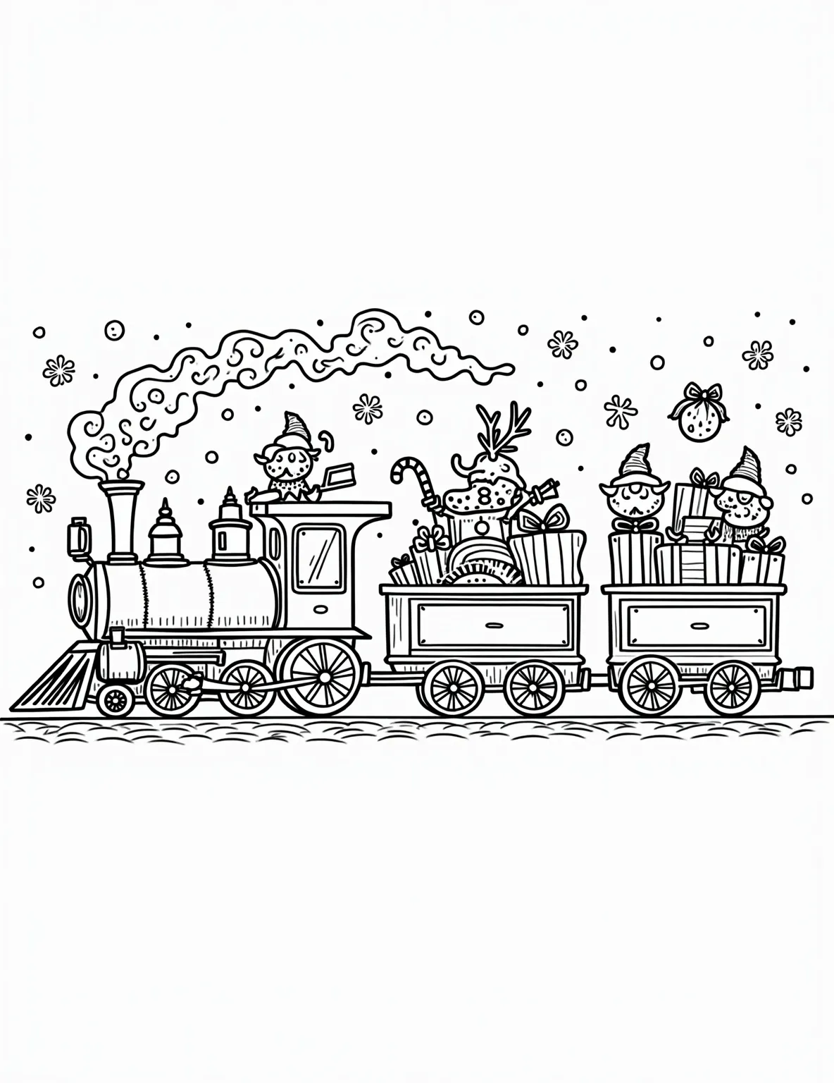 Holiday Train with Christmas Light Steam Coloring Page -- prompt: "black lines only Joyful locomotive chugs along, Christmas lights spiraling from smokestack. Carriages overflow with wrapped gifts, candy canes. Santa, elves, reindeer ride merrily. Bold outlines, simple shapes perfect for coloring. Snowflakes, ornaments, and festive symbols adorn background. Cheerful holiday scene flat black lines, premium coloring page, coloring sheet, line drawing, Coloring Book, NO COLOR, NO SHADING, WHITE BACKGROUND. NO GRAY, BLACK AND WHITE, NO COLOR" -- This whimsical coloring page features a cheerful holiday train, its steam replaced by swirls of twinkling Christmas lights. The train cars are filled with presents and holiday characters, creating a magical scene. It's a perfect page for those who love both trains and festive lights.