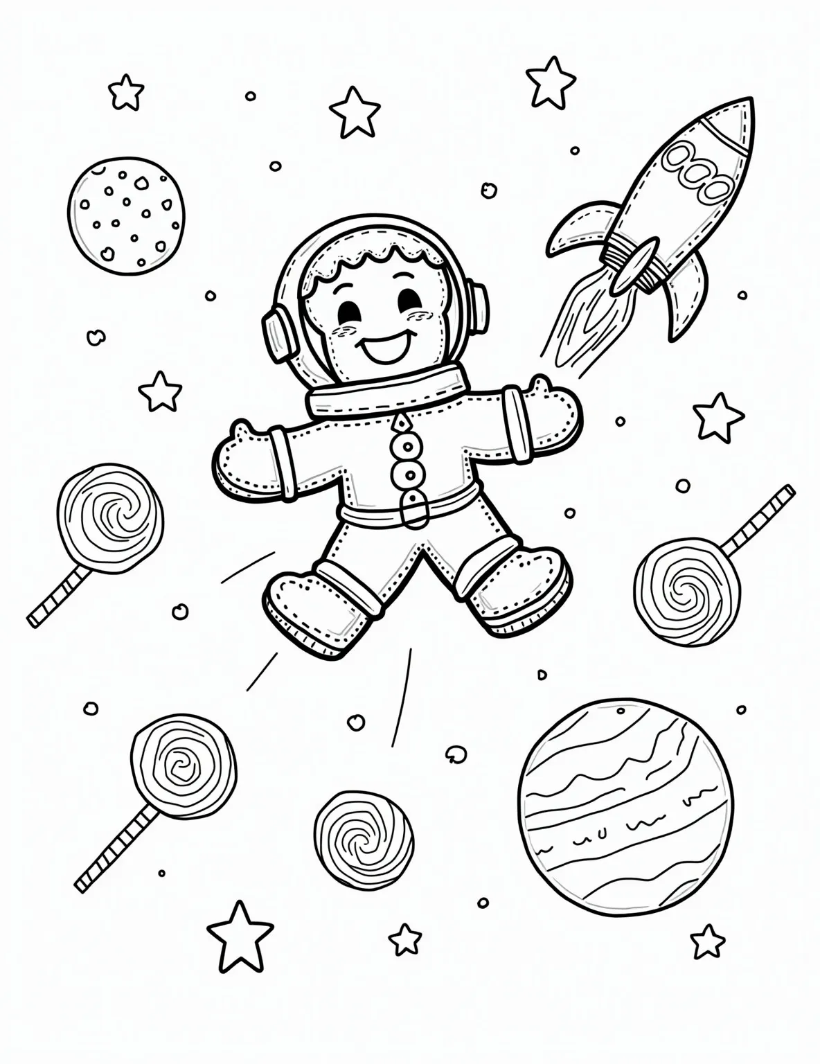 Gingerbread Astronaut's Space Adventure Coloring Page -- prompt: "black lines only Cheerful gingerbread astronaut with frosting spacesuit, floating amidst simple star shapes and circular planets. Rocket with cookie fins zooms by. Thick outlines perfect for coloring. Cosmic sprinkles and candy comets add sweet touches to this stellar adventure page. flat black lines, premium coloring page, coloring sheet, line drawing, Coloring Book, NO COLOR, NO SHADING, WHITE BACKGROUND. NO GRAY, BLACK AND WHITE, NO COLOR" -- This out-of-this-world coloring page features a gingerbread astronaut floating in space. The background is filled with stars, planets, and a rocket ship. It's a unique and creative take on the gingerbread man theme that's sure to captivate space enthusiasts.