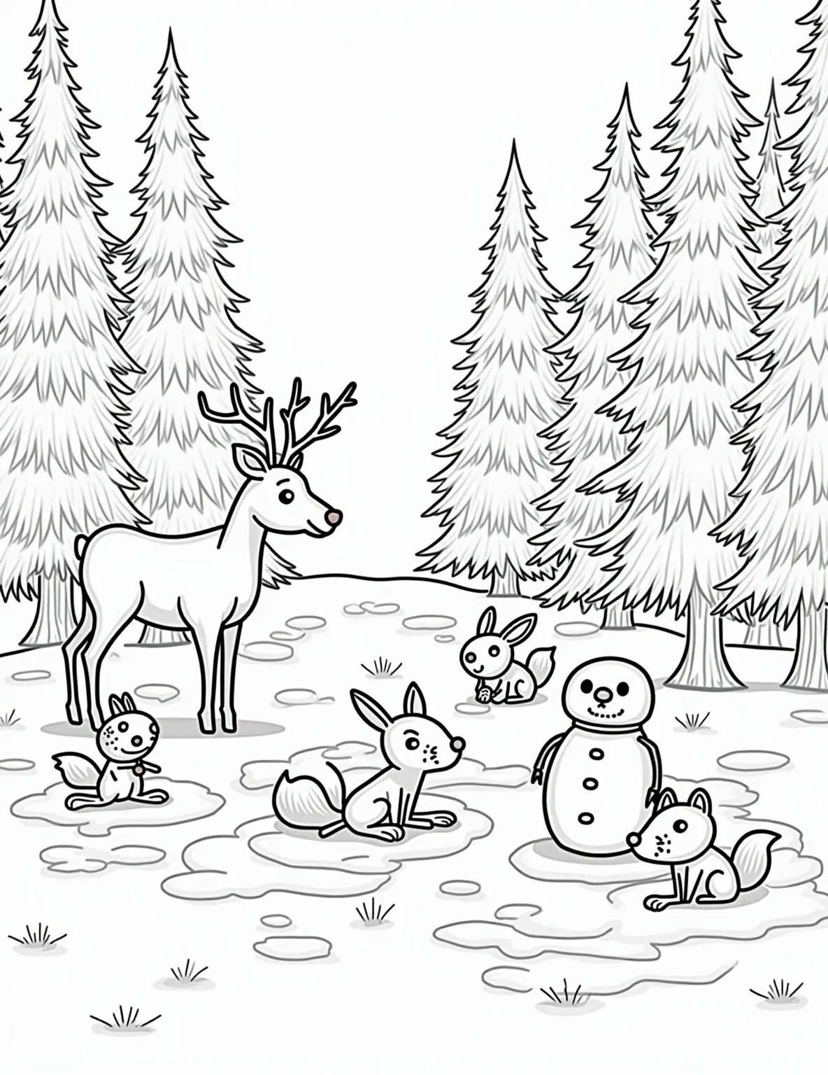 Rudolph's Snowy Playground -- prompt: "black lines only Rudolph's red nose illuminates a whimsical forest clearing. Bold outlines frame cheerful woodland creatures making snow angels. A half-built snowman with stick arms awaits completion. Pine trees border the scene, their branches heavy with snow. Thick, simple lines perfect for coloring. flat black lines, premium coloring page, coloring sheet, line drawing, Coloring Book, NO COLOR, NO SHADING, WHITE BACKGROUND. NO GRAY, BLACK AND WHITE, NO COLOR" -- Join Rudolph in a winter wonderland! This charming coloring page shows Rudolph playing in the snow with his forest friends. You'll see him making snow angels, building a snowman, and even having a friendly snowball fight. It's a delightful scene that celebrates the joy of winter.