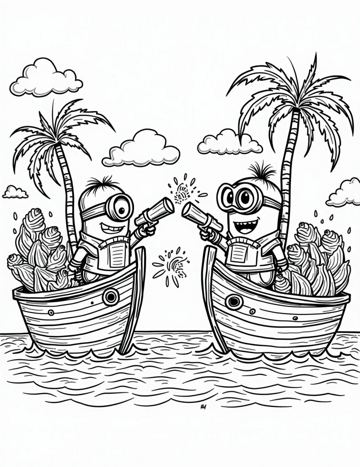 Minion Pirate Ship Battle -- prompt: "black lines only Cheerful Minions as cartoon pirates on two ships, outlined in bold black strokes. Banana-shaped cannons and oversized water guns create a playful battle scene. Simple shapes and exaggerated expressions perfect for coloring. Palm trees and treasure chests dot the background. flat black lines, premium coloring page, coloring sheet, line drawing, Coloring Book, NO COLOR, NO SHADING, WHITE BACKGROUND. NO GRAY, BLACK AND WHITE, NO COLOR" -- Ahoy, mateys! Set sail for adventure with this swashbuckling Minion coloring page. Our yellow friends are engaged in a playful pirate ship battle, complete with water cannons shooting bananas instead of cannonballs. This action-packed scene is sure to delight kids who love pirates and sea adventures.