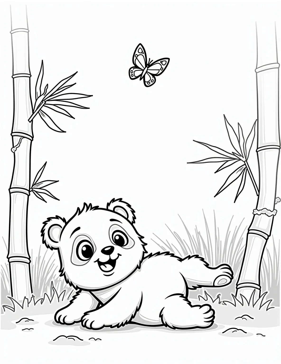 Playful Panda Cub Coloring Page -- prompt: "black lines only Adorable cartoon panda cub frolicking in lush bamboo field. Bold outlines perfect for coloring. Playful poses: rolling, tumbling, munching. Simplified shapes, large eyes, expressive smile. Bamboo stalks frame scene. Butterflies and dragonflies add whimsy. Joyful, carefree atmosphere in black-and-white linework. flat black lines, premium coloring page, coloring sheet, line drawing, Coloring Book, NO COLOR, NO SHADING, WHITE BACKGROUND. NO GRAY, BLACK AND WHITE, NO COLOR" -- This adorable coloring page features a mischievous panda cub rolling around in a field of bamboo. The cub's expression is full of joy, with its paws up in the air and a big smile on its face. This page is perfect for capturing the playful spirit of young pandas and is sure to delight colorists of all ages.