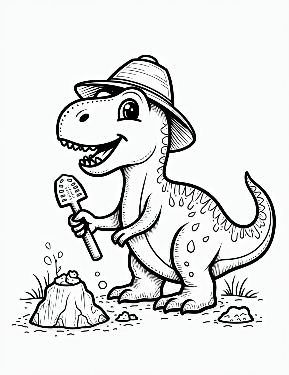 Rex's Dinosaur Dig -- prompt: "black lines only Rex, a cartoonish T-Rex toy, digs enthusiastically at a playful fossil site. Thick, bold outlines define simple shapes: partially revealed bone outlines, oversized excavation tools, and a pith helmet atop Rex's head. Dotted lines suggest hidden treasures, inviting young paleontologists to color and explore. flat black lines, premium coloring page, coloring sheet, line drawing, Coloring Book, NO COLOR, NO SHADING, WHITE BACKGROUND. NO GRAY, BLACK AND WHITE, NO COLOR" -- Join Rex on an exciting paleontological expedition! This educational coloring page shows the lovable dinosaur toy unearthing fossilized bones in a dig site. With its mix of adventure and learning, this page is perfect for young dinosaur enthusiasts and budding scientists alike.