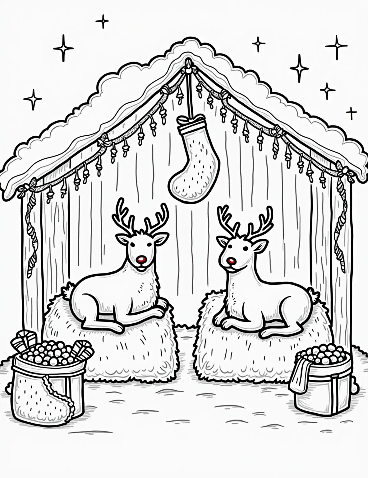 Santa's Reindeer Stable Coloring Page -- prompt: "black lines only Jolly reindeer lounging in a festive stable. Bold outlines frame hay bales, candy cane-striped feeding troughs, and twinkling garlands. Simplistic shapes of stockings hang nearby. Rudolph's red nose stands out. Empty spaces invite creative coloring. Playful Christmas scene ready for artistic expression. flat black lines, premium coloring page, coloring sheet, line drawing, Coloring Book, NO COLOR, NO SHADING, WHITE BACKGROUND. NO GRAY, BLACK AND WHITE, NO COLOR" -- Take a peek behind the scenes of Santa's North Pole operation with this charming reindeer stable coloring page. The image shows Santa's faithful reindeer resting and preparing for their big night, surrounded by hay, treats, and Christmas decorations. This page is perfect for animal-loving children and adults alike.